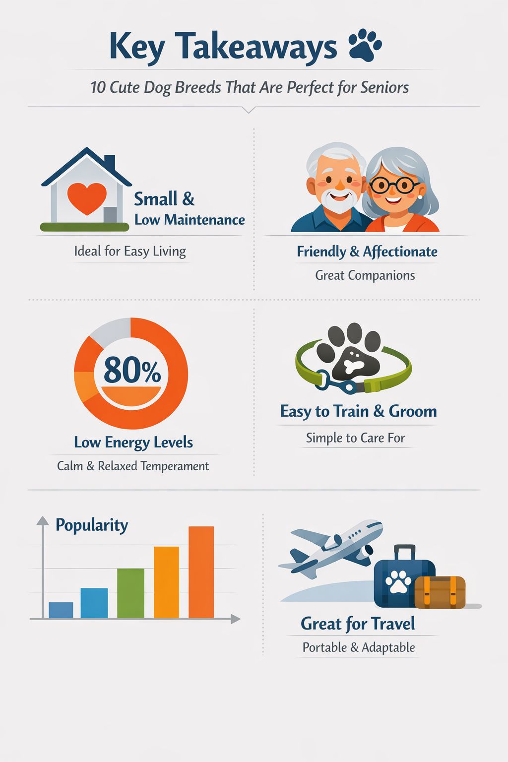 Professional infographic for article "10 Cute Dog Breeds That Are Perfect for Seniors", section: "Key Takeaways 🐾". Include