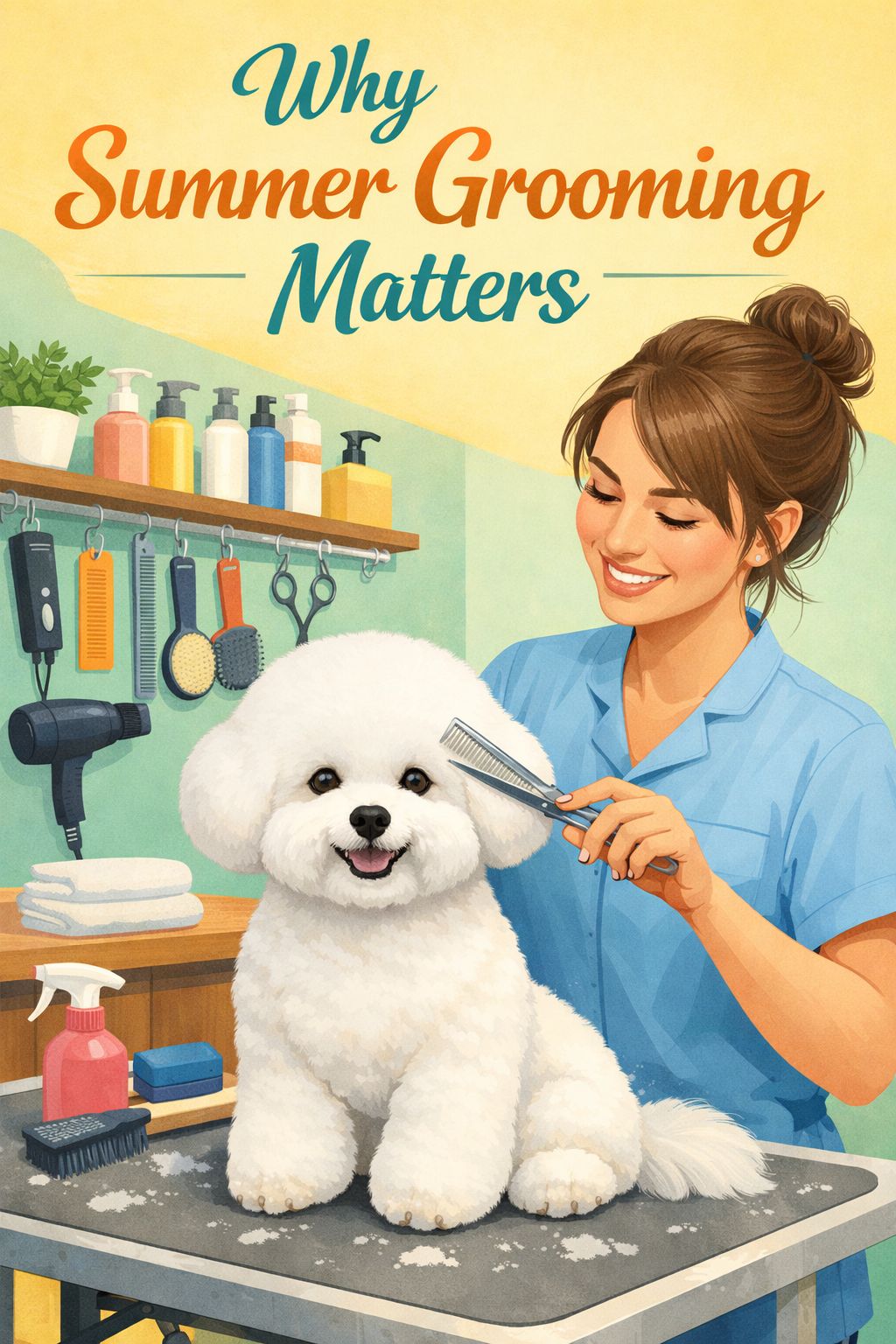Portrait/Pinterest format () editorial illustration showing a professional dog groomer in a bright, even fur. Warm pastel