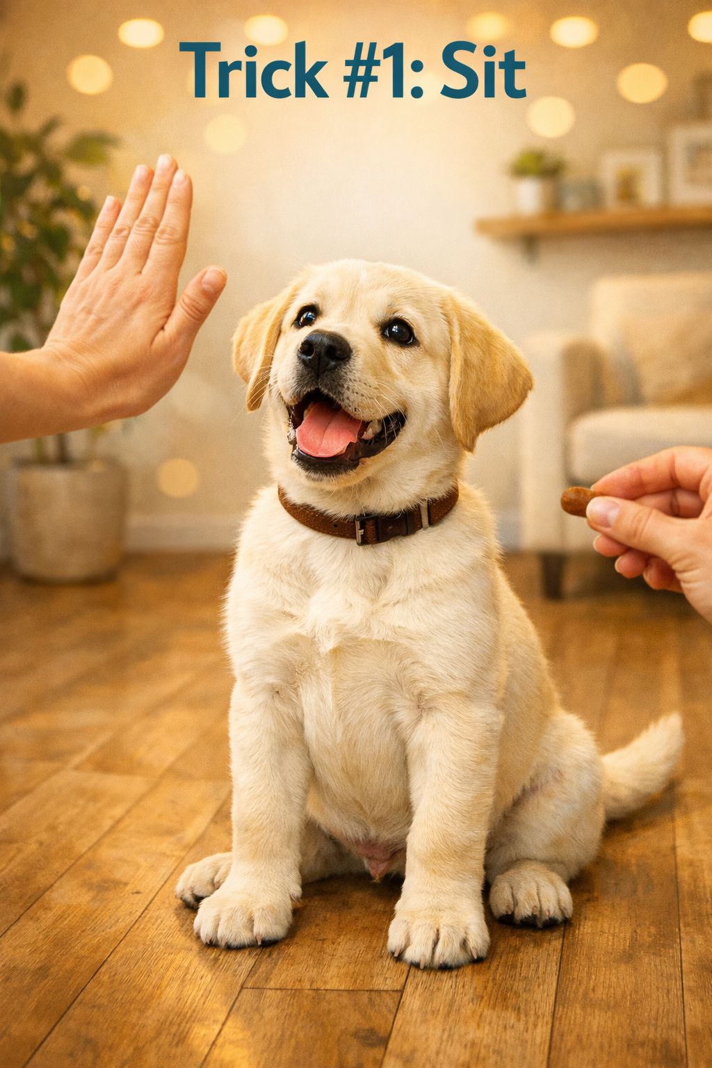 Portrait/Pinterest format () editorial illustration showing a happy Labrador puppy sitting perfectly on command in a bright