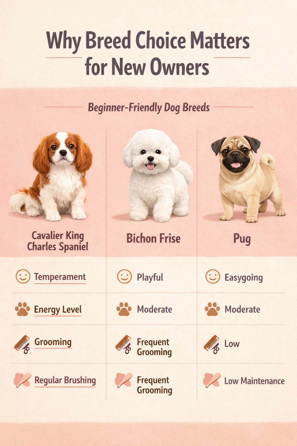 Portrait/Pinterest format () editorial illustration showing a friendly comparison grid of beginner-friendly dog breeds —