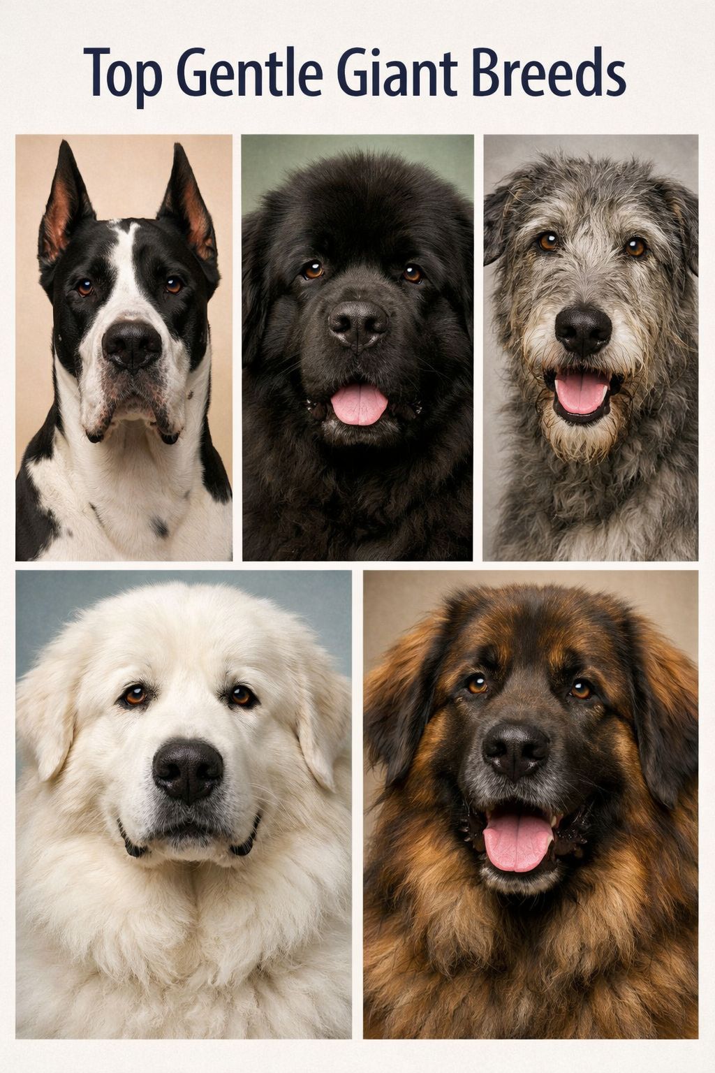 Portrait/Pinterest format () showing a close-up split composition of five large dog breeds: Great Dane, Newfoundland, Irish