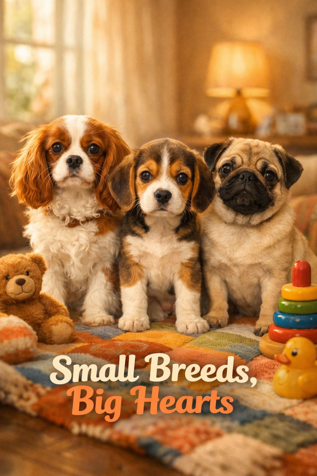 Portrait/Pinterest format () warm lifestyle editorial photo showing three small fluffy dog breeds side by side — a Cavalier