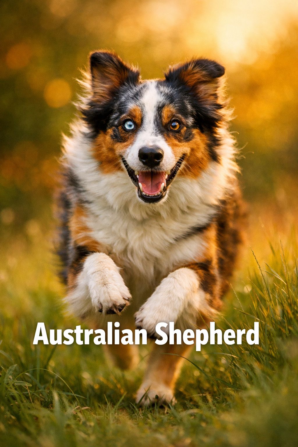 Portrait/Pinterest format () action shot of an Australian Shepherd mid-run in a grassy meadow, heterochromia eyes clearly