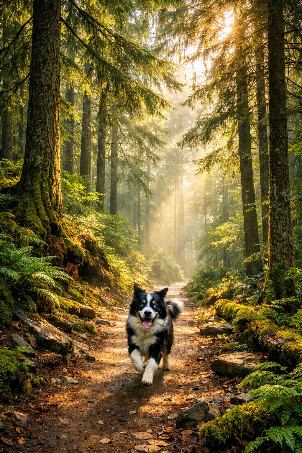 Portrait/Pinterest format () showing a wide-angle shot of a lush Pacific Northwest forest trail with a border collie running