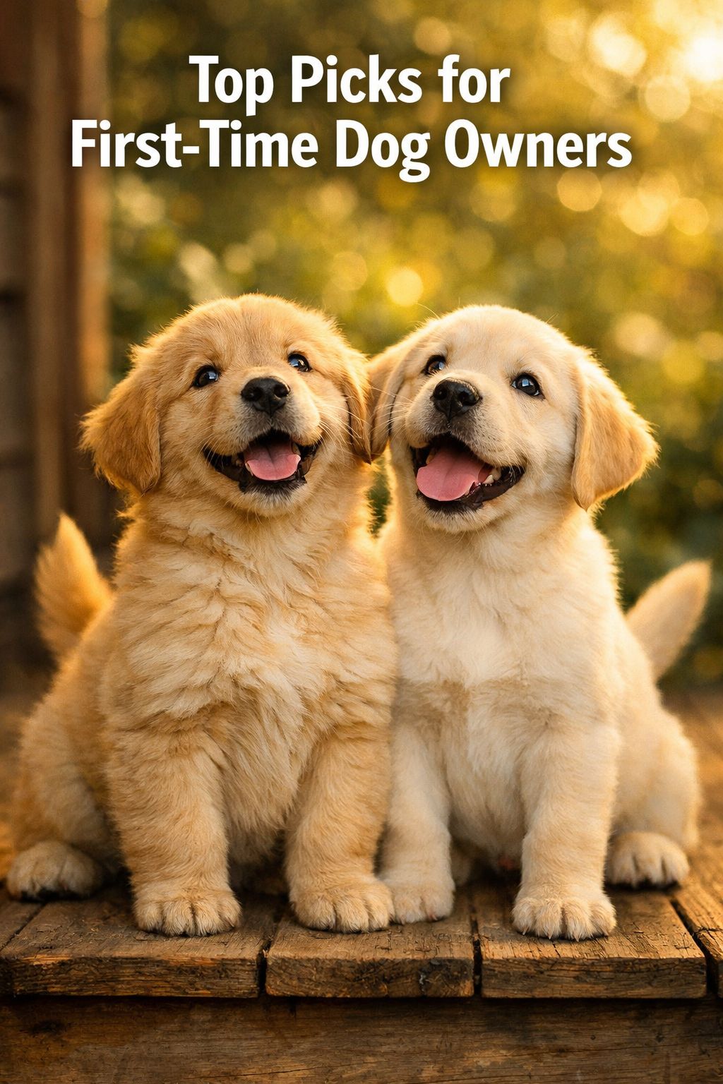 Portrait/Pinterest format () close-up editorial photo of a fluffy Golden Retriever puppy and a Labrador Retriever puppy