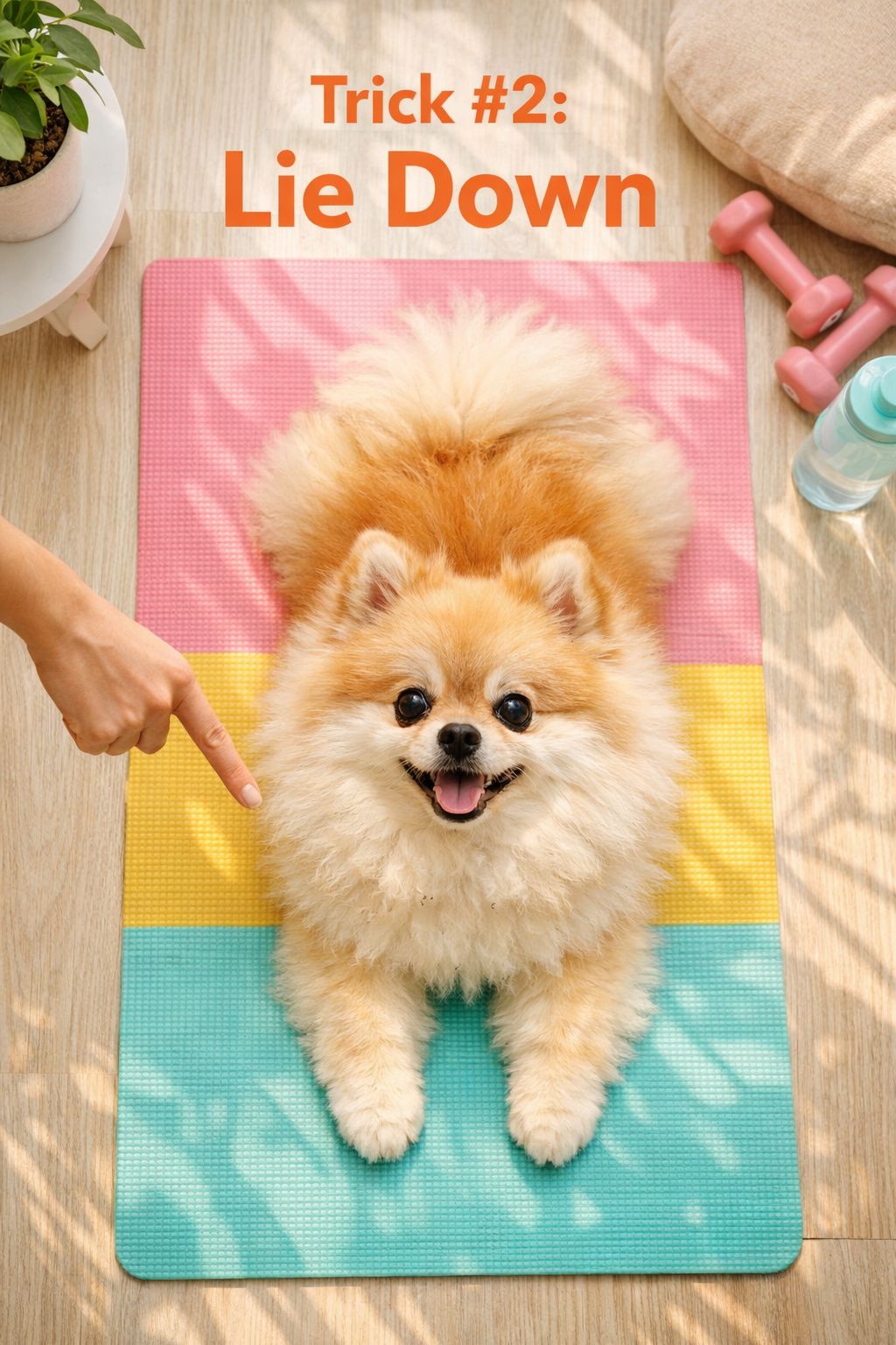 Portrait/Pinterest format () editorial photo of a fluffy Pomeranian lying flat on a colorful yoga mat in a bright sunlit