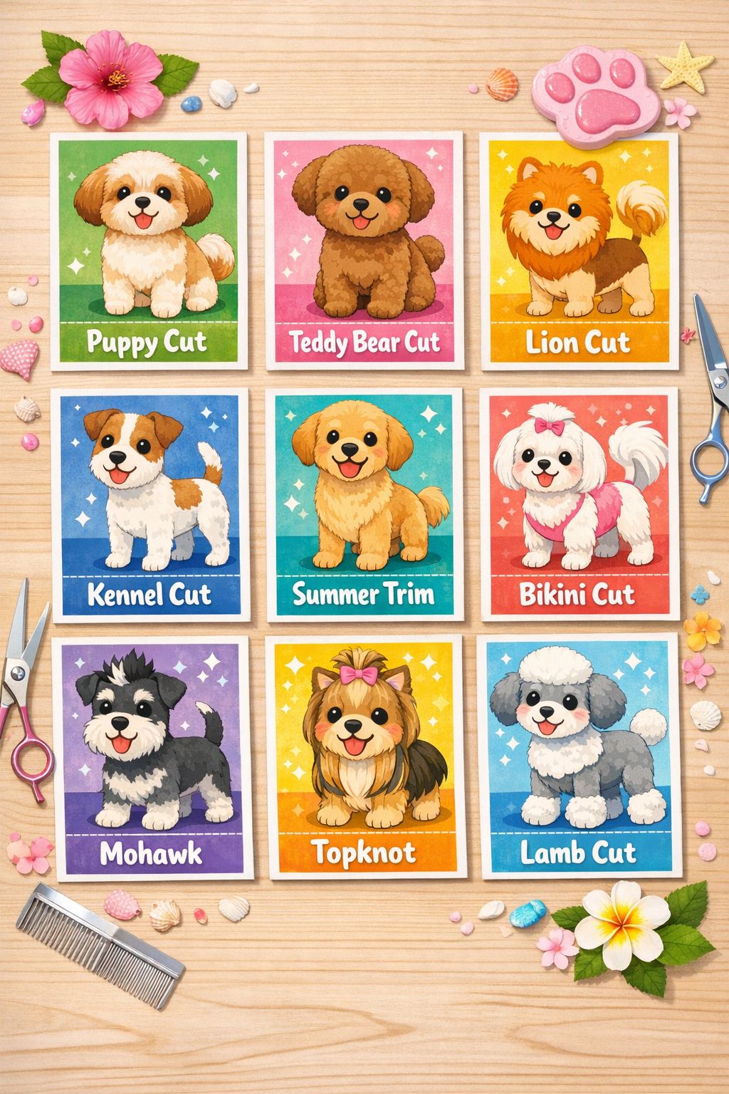 Portrait/Pinterest format () vibrant flat-lay style image showing nine distinct dog grooming style reference cards arranged