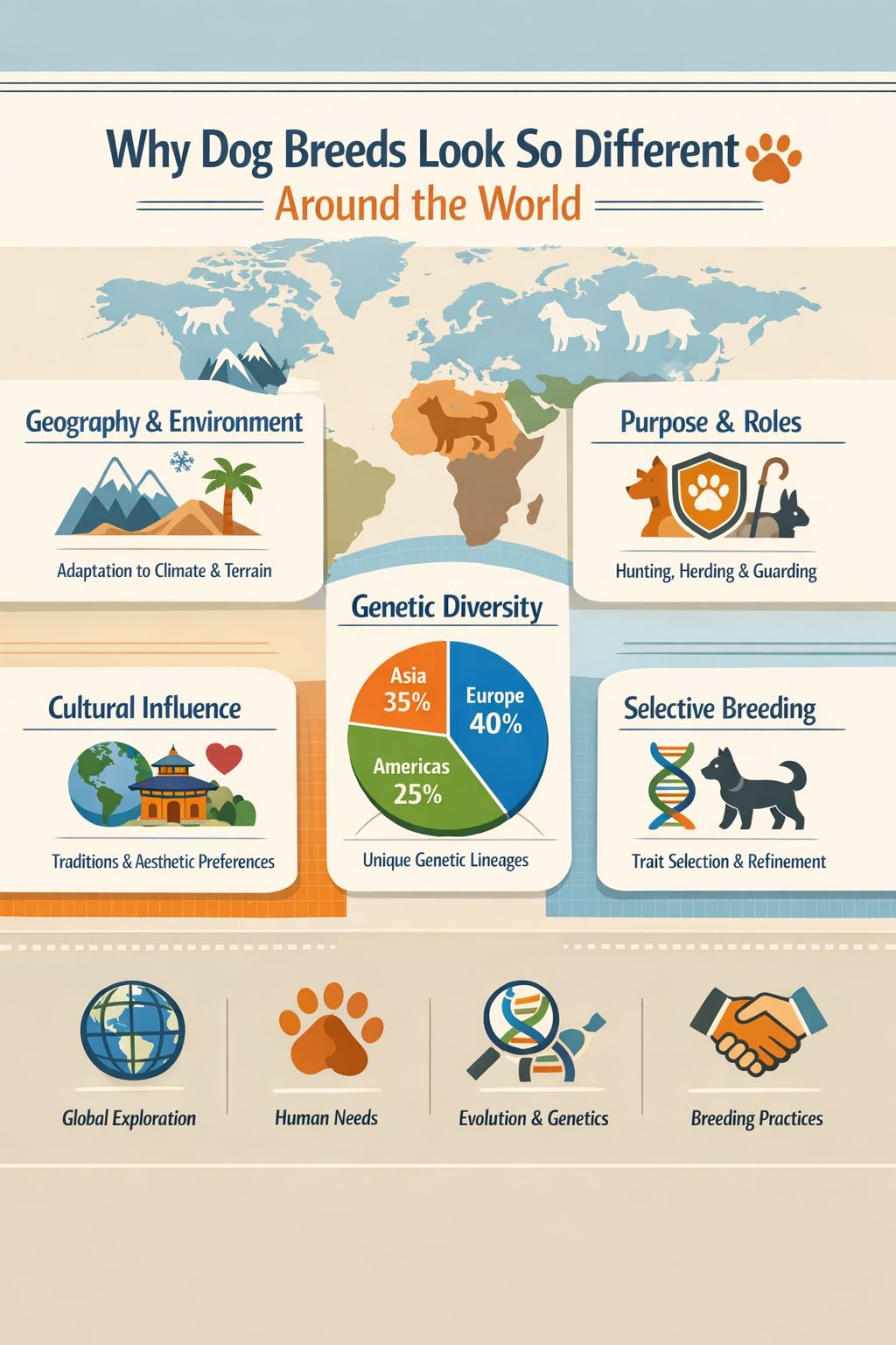 Professional infographic for article "19 Cute Dog Breeds from Around the World 🐾", section: "Why Dog Breeds Look So
