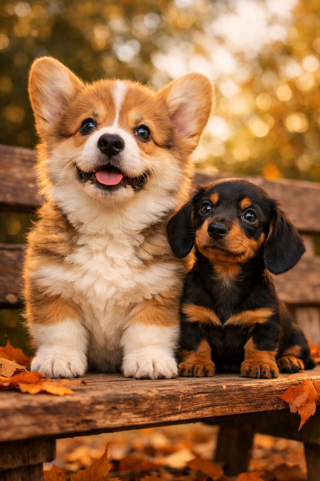 Portrait/Pinterest format () close-up editorial photograph of a fluffy Pembroke Welsh Corgi puppy and a tiny Dachshund puppy