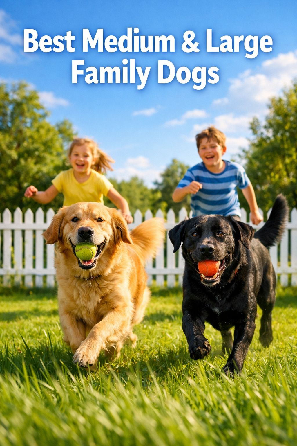 Portrait/Pinterest format () dynamic outdoor editorial photo of a Golden Retriever and a Labrador Retriever playing fetch