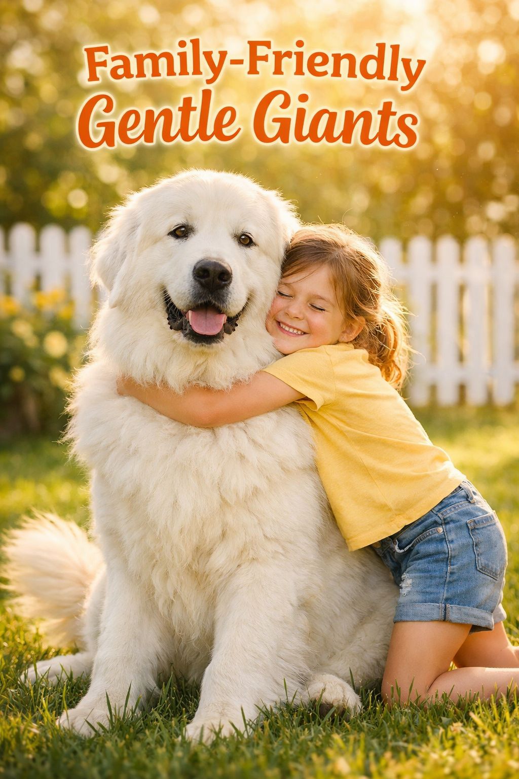 Portrait/Pinterest format () showing a joyful child hugging a massive fluffy Great Pyrenees dog in a bright sunny backyard