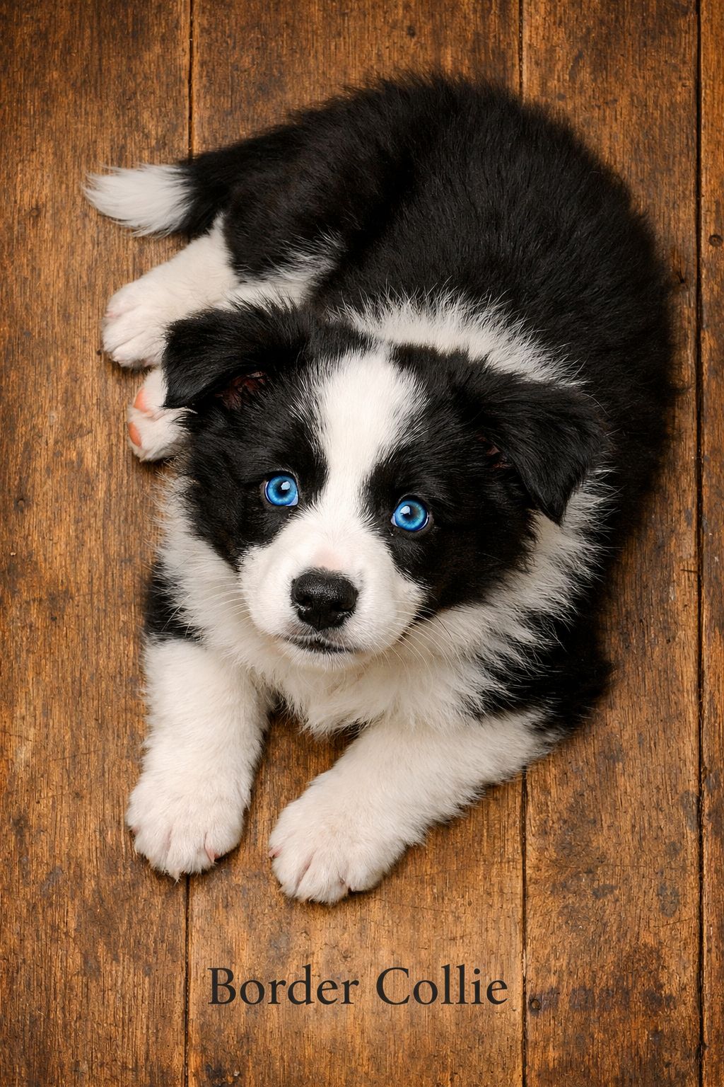 Portrait/Pinterest format () overhead flat-lay style portrait of a Border Collie puppy lying on a rustic wooden floor,
