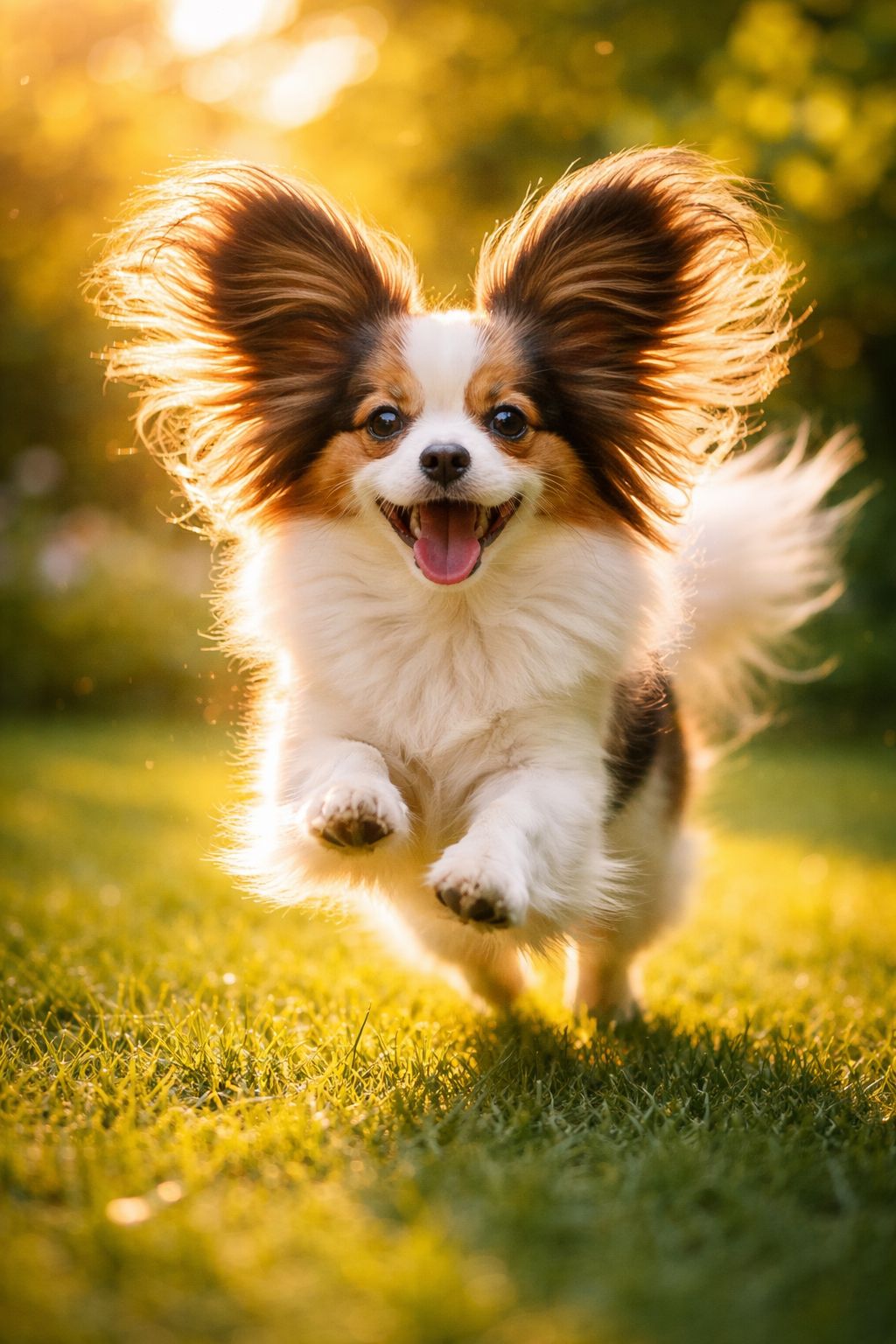 Portrait/Pinterest format () showing a joyful Papillon dog mid-leap in a sunlit garden, its large butterfly-like ears fully