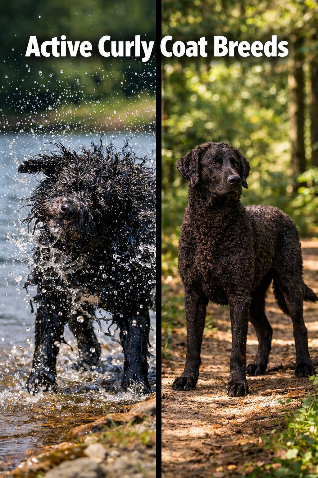 () split-panel editorial image: left panel shows a Portuguese Water Dog shaking water off its curly black coat near a lake,