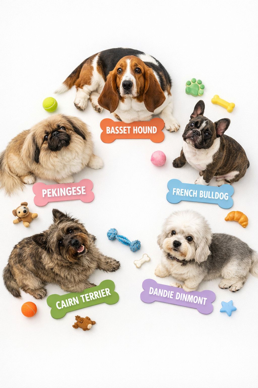 Portrait/Pinterest format () editorial flat-lay photograph shot from directly overhead showing five different short-legged