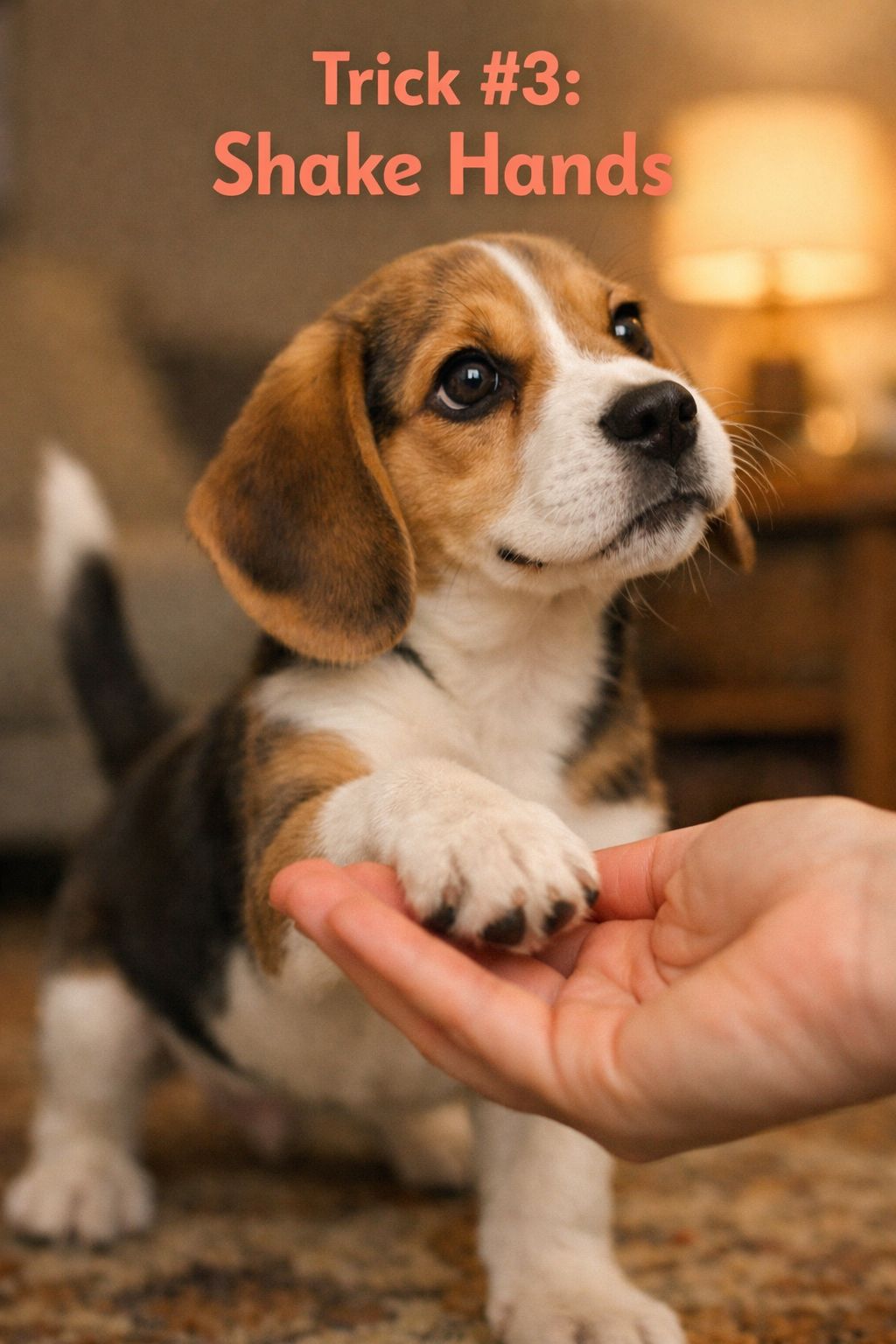 Portrait/Pinterest format () close-up editorial image of a Beagle puppy offering its paw into an open human hand in a