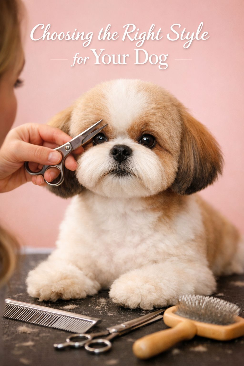 Portrait/Pinterest format () close-up action shot of a professional groomer carefully trimming the face fur of an adorable