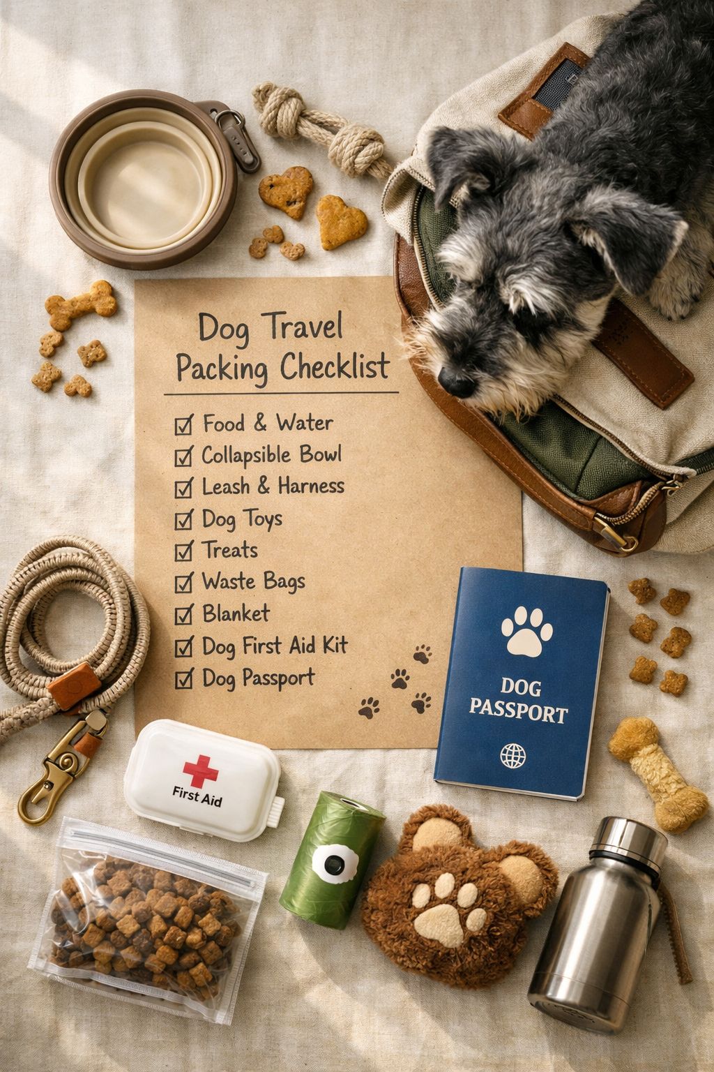 Portrait/Pinterest format () showing a bird's-eye overhead flat lay composition of a dog travel packing checklist on kraft