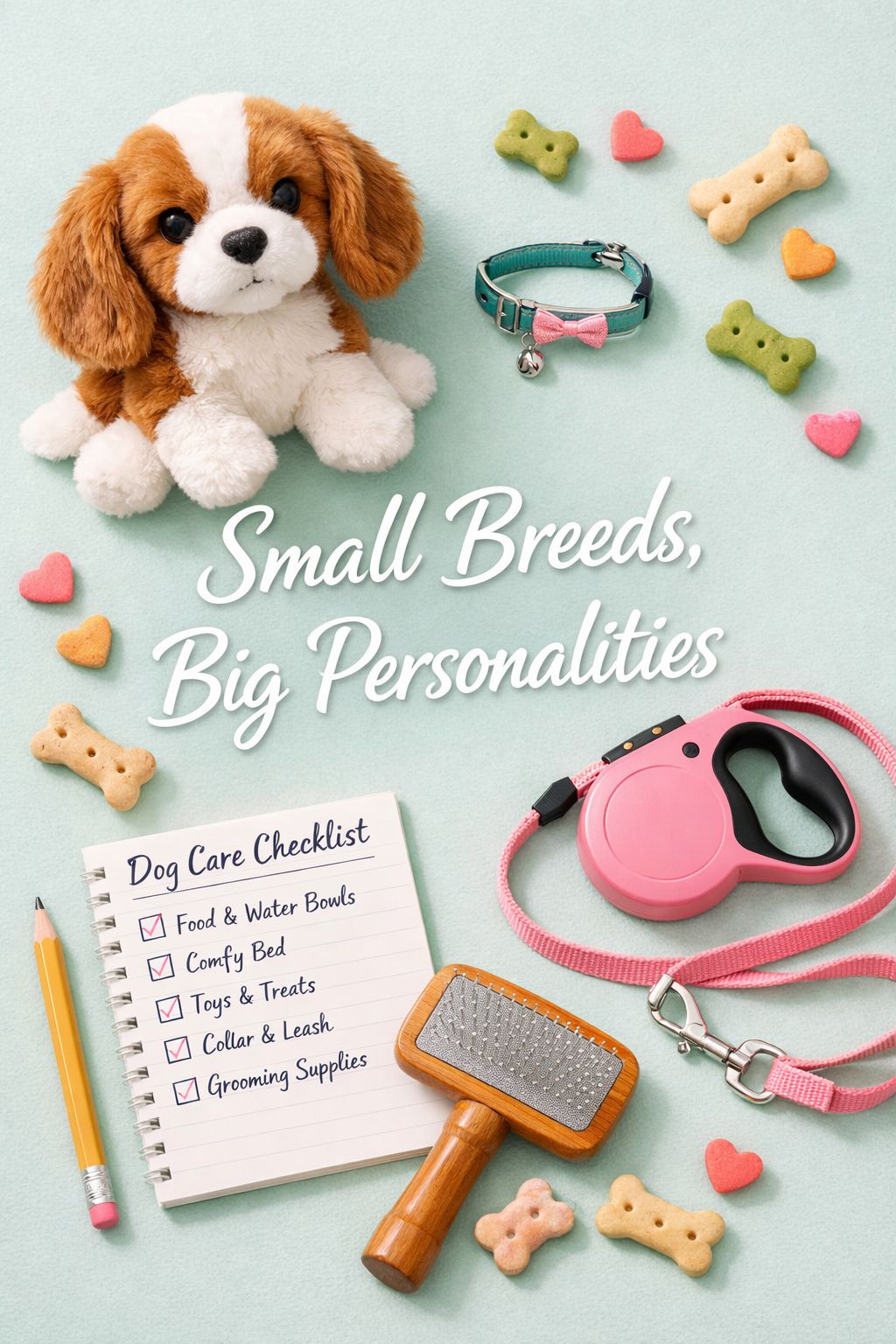 Portrait/Pinterest format () flat-lay editorial image showing small dog breed essentials — a Cavalier King Charles Spaniel