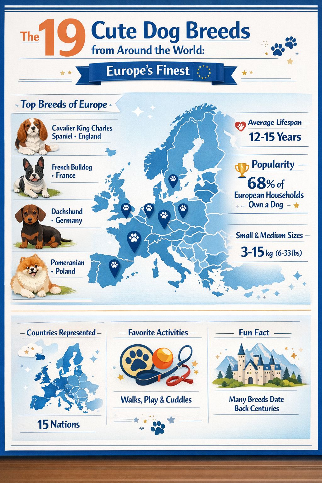 Professional infographic for article "19 Cute Dog Breeds from Around the World 🐾", section: "The 19 Cute Dog Breeds from