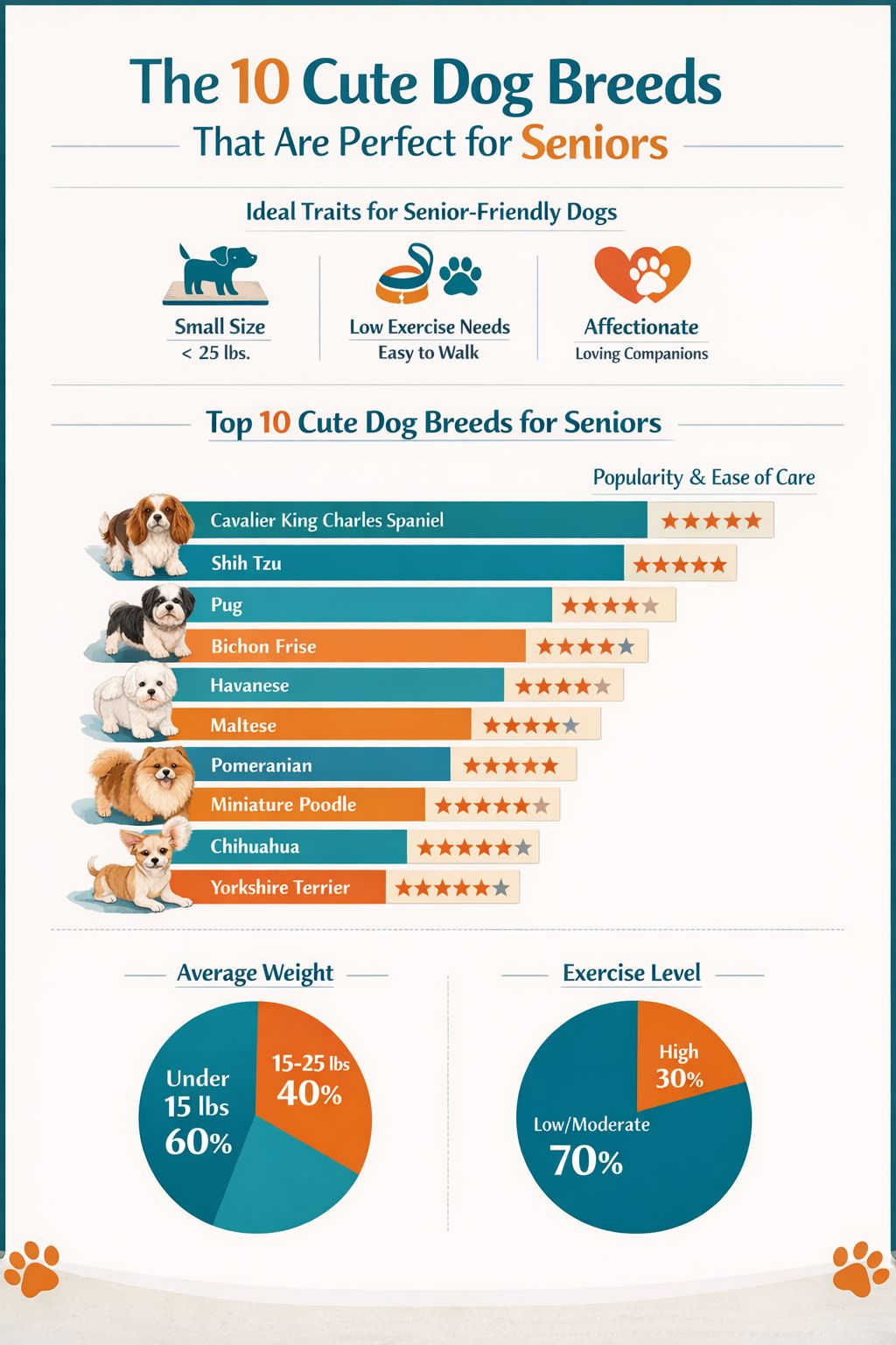 Professional infographic for article "10 Cute Dog Breeds That Are Perfect for Seniors", section: "The 10 Cute Dog Breeds
