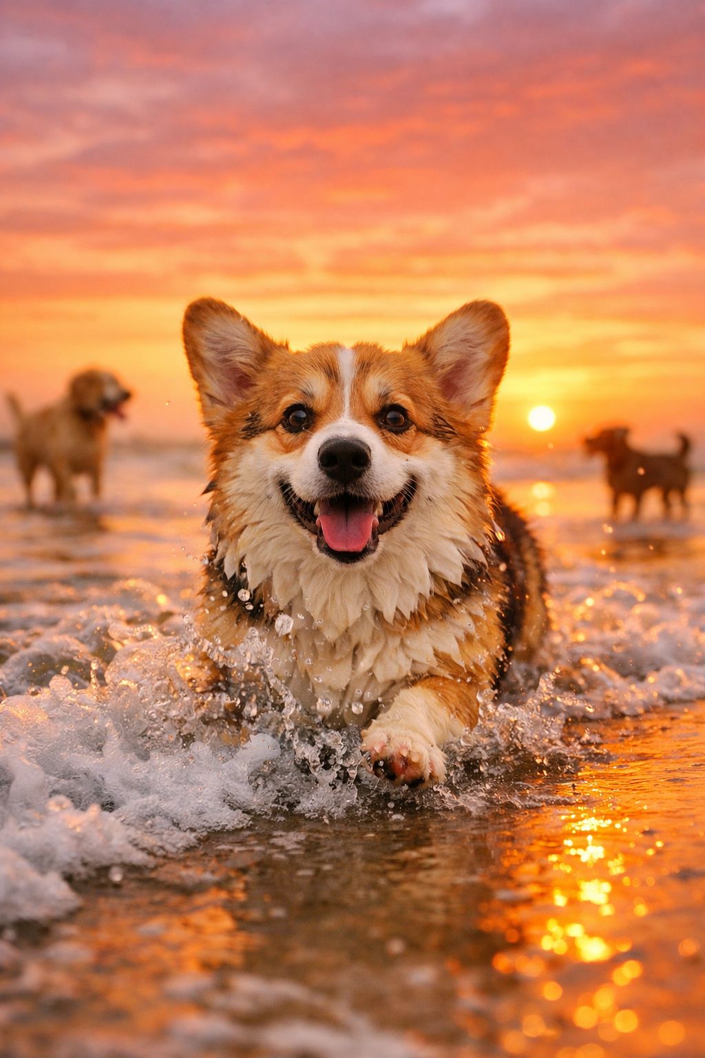 Portrait/Pinterest format () showing a close-up ground-level perspective of a fluffy corgi splashing happily in gentle ocean