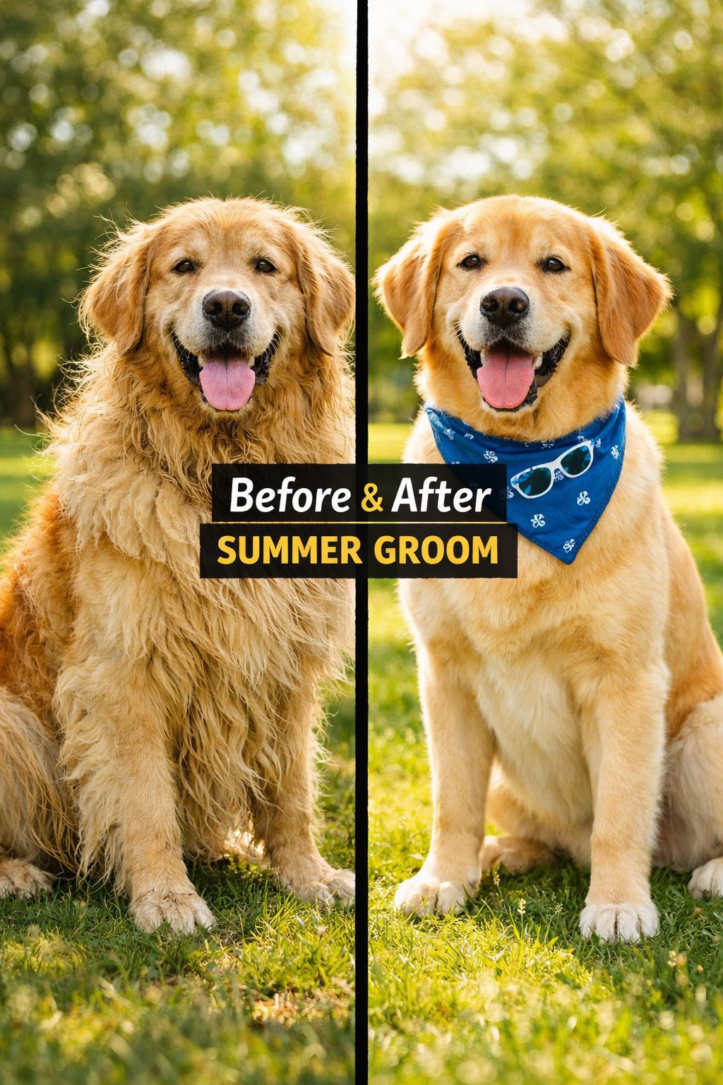 Portrait/Pinterest format () split-composition image showing a before-and-after comparison of a Golden Retriever: left side