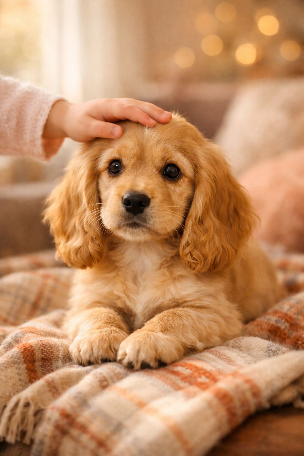 Portrait/Pinterest format () depicting a Golden Cocker Spaniel puppy sitting on a cozy plaid blanket indoors, its long silky