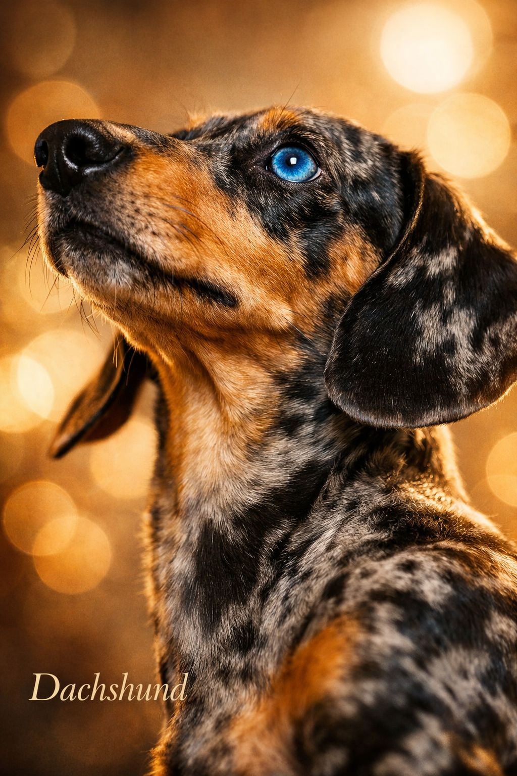 Portrait/Pinterest format () macro close-up side profile of a sleek Dachshund (dapple coat pattern) with one vivid blue eye