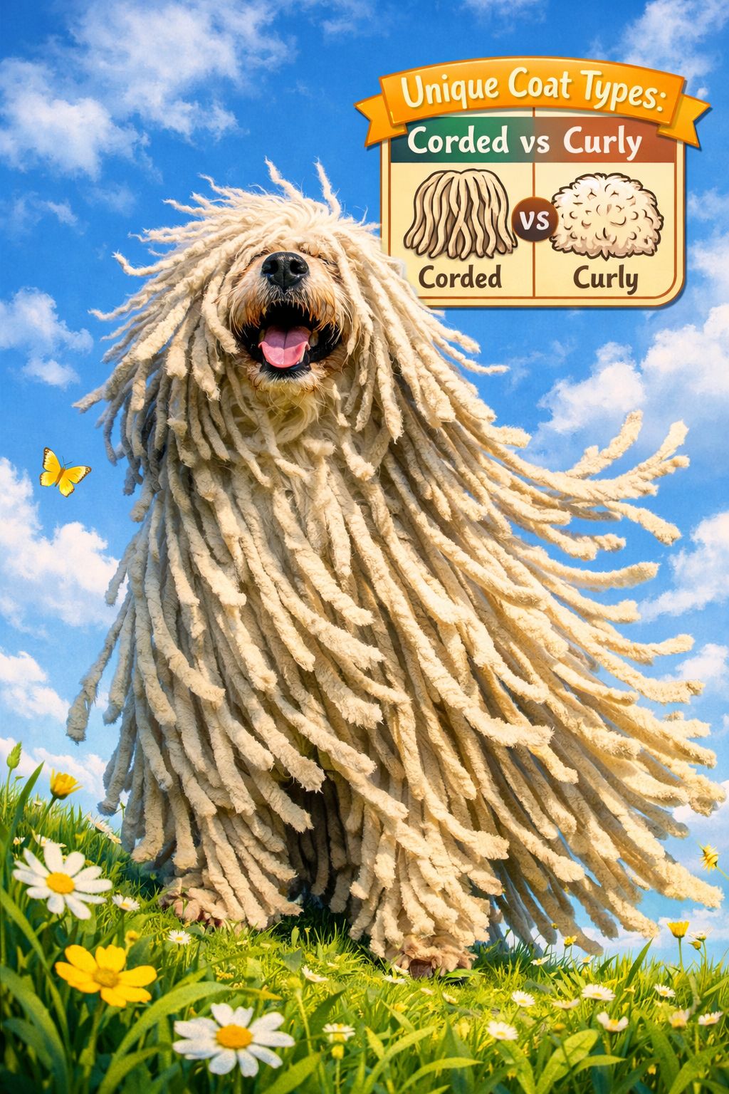 () whimsical and colorful editorial image of a Puli dog with its iconic long dreadlock-style corded coat standing on a green