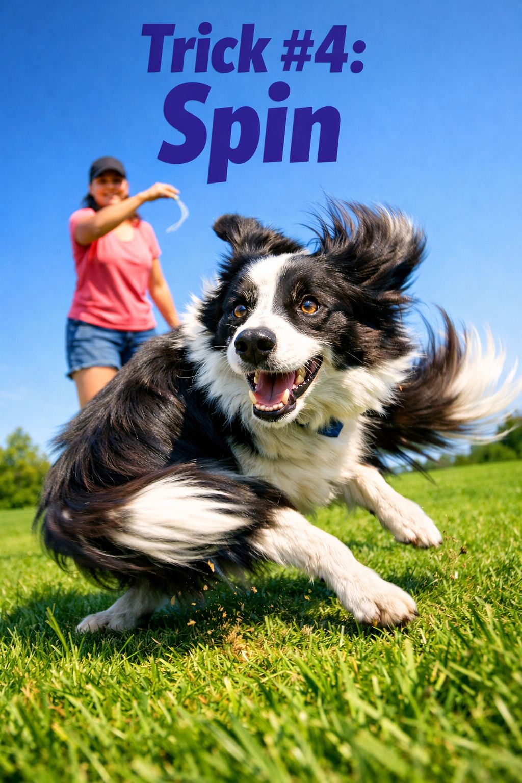Portrait/Pinterest format () dynamic editorial action shot of a Border Collie mid-spin, caught in a 360-degree turn on a