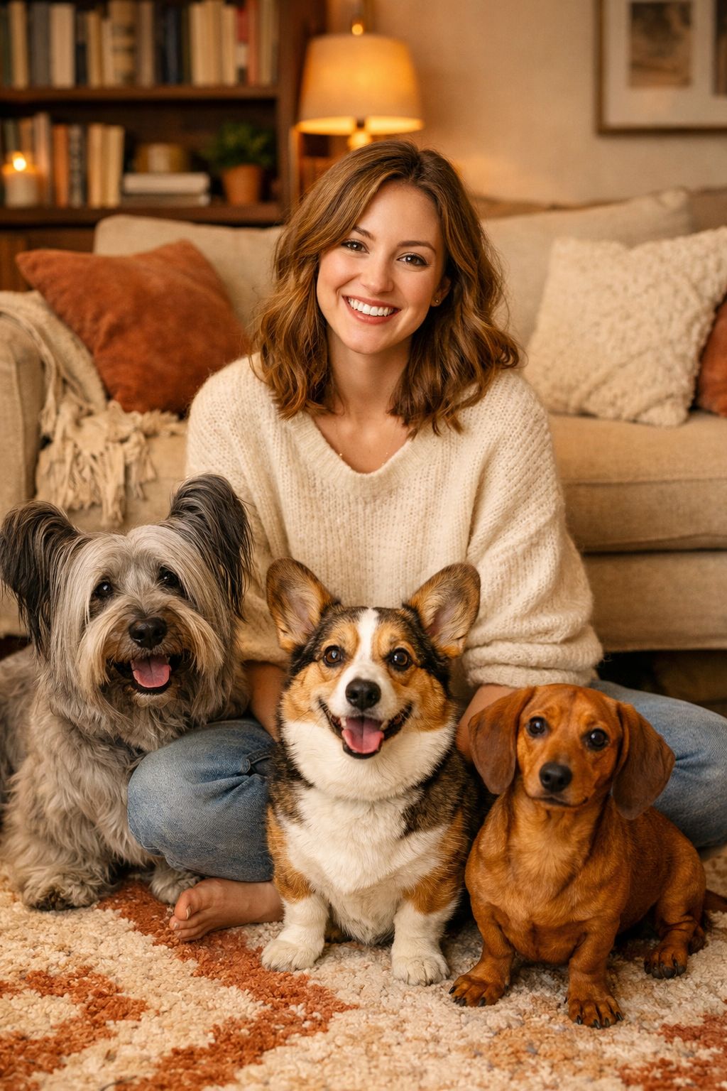 Portrait/Pinterest format () editorial lifestyle photograph of a smiling dog owner sitting cross-legged on a cozy living
