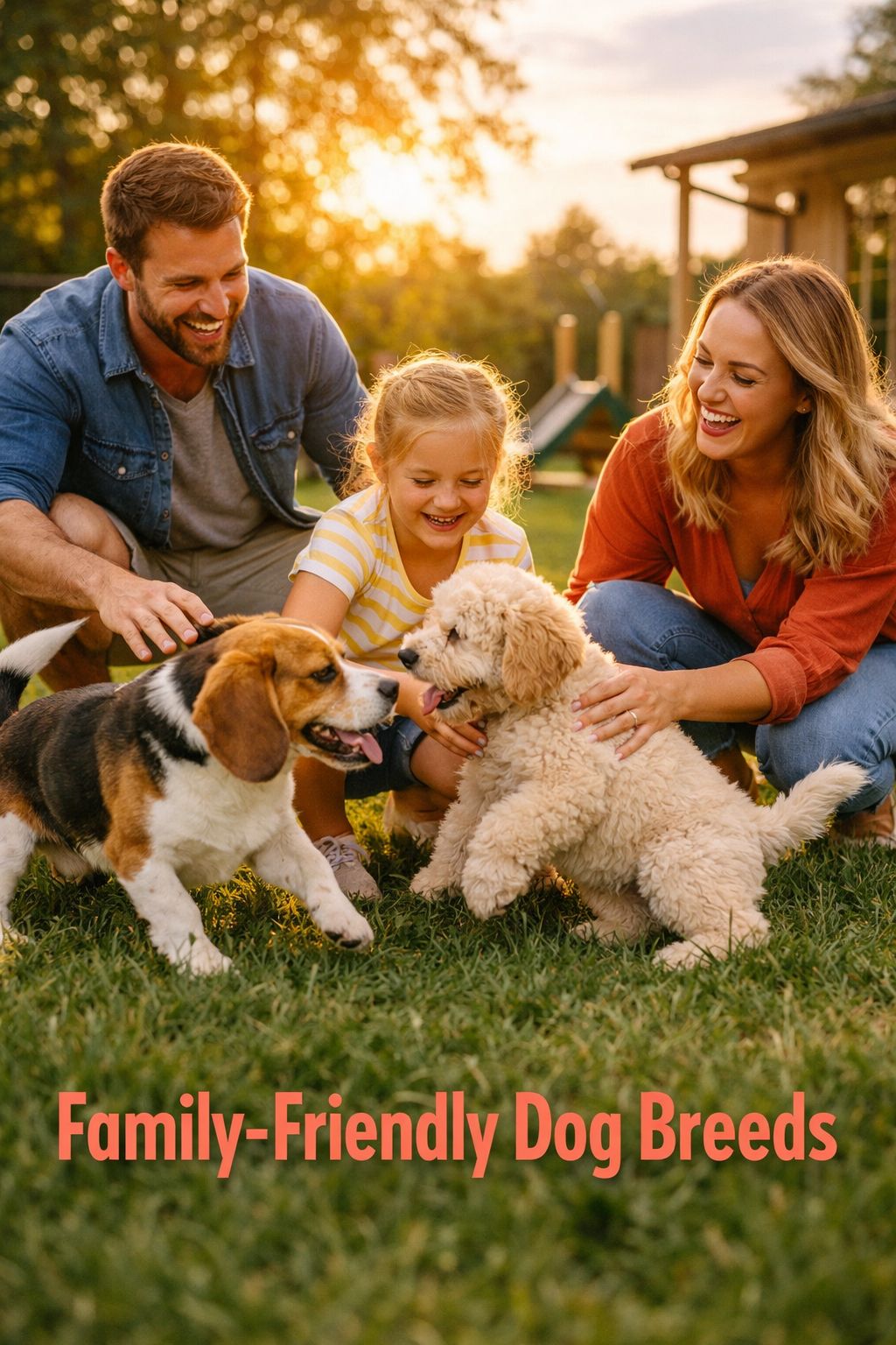 Portrait/Pinterest format () editorial photo of a happy family — two adults and a child — playing in a backyard with a