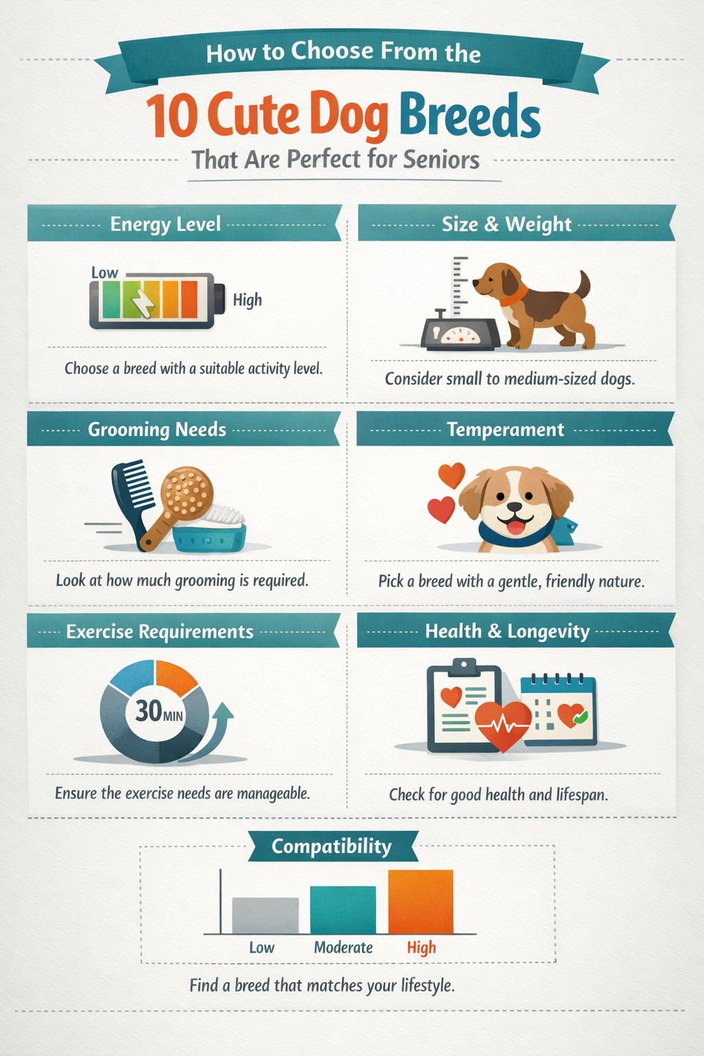 Professional infographic for article "10 Cute Dog Breeds That Are Perfect for Seniors", section: "How to Choose From the 10