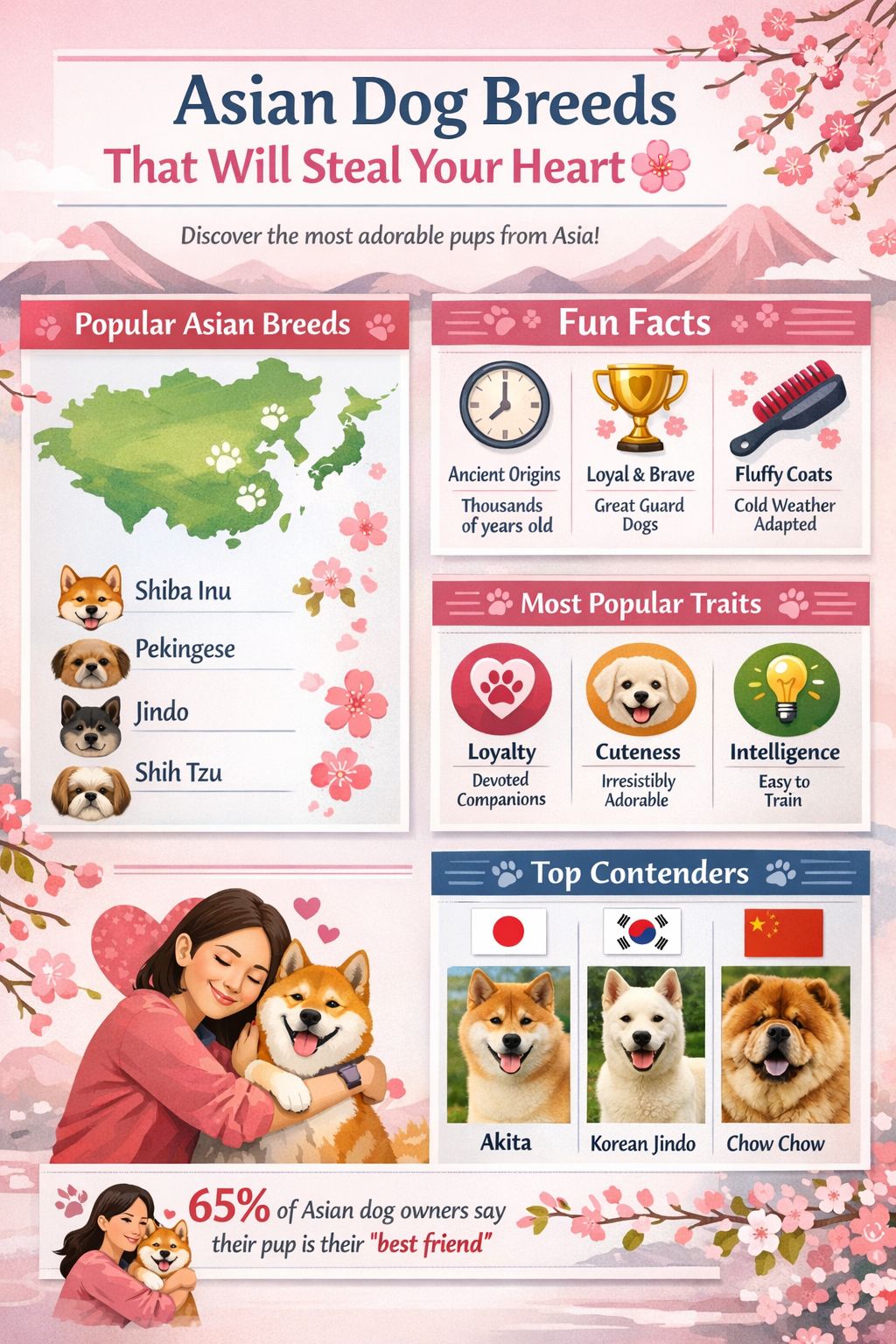 Professional infographic for article "19 Cute Dog Breeds from Around the World 🐾", section: "Asian Dog Breeds That Will