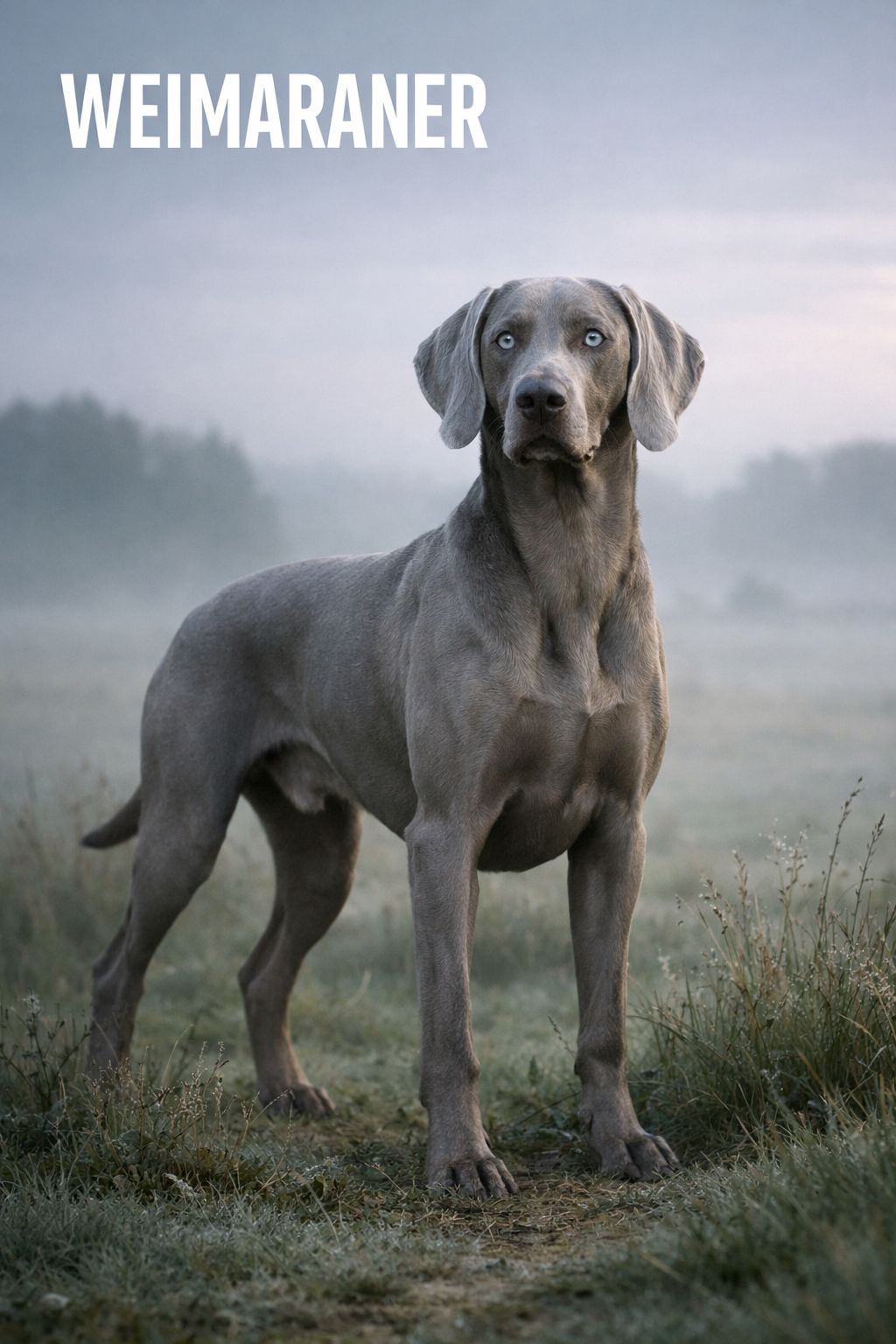 Portrait/Pinterest format () full-body portrait of a silver-grey Weimaraner standing proudly on a misty morning field, pale