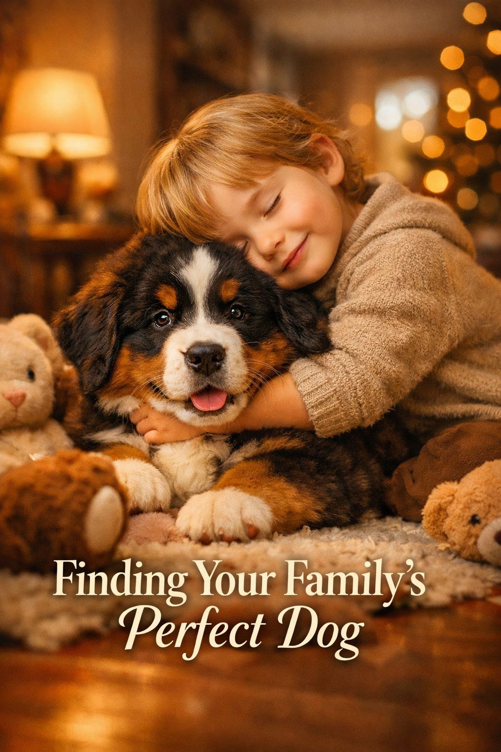 Portrait/Pinterest format () heartwarming editorial lifestyle photo of a young child hugging a fluffy Bernese Mountain Dog