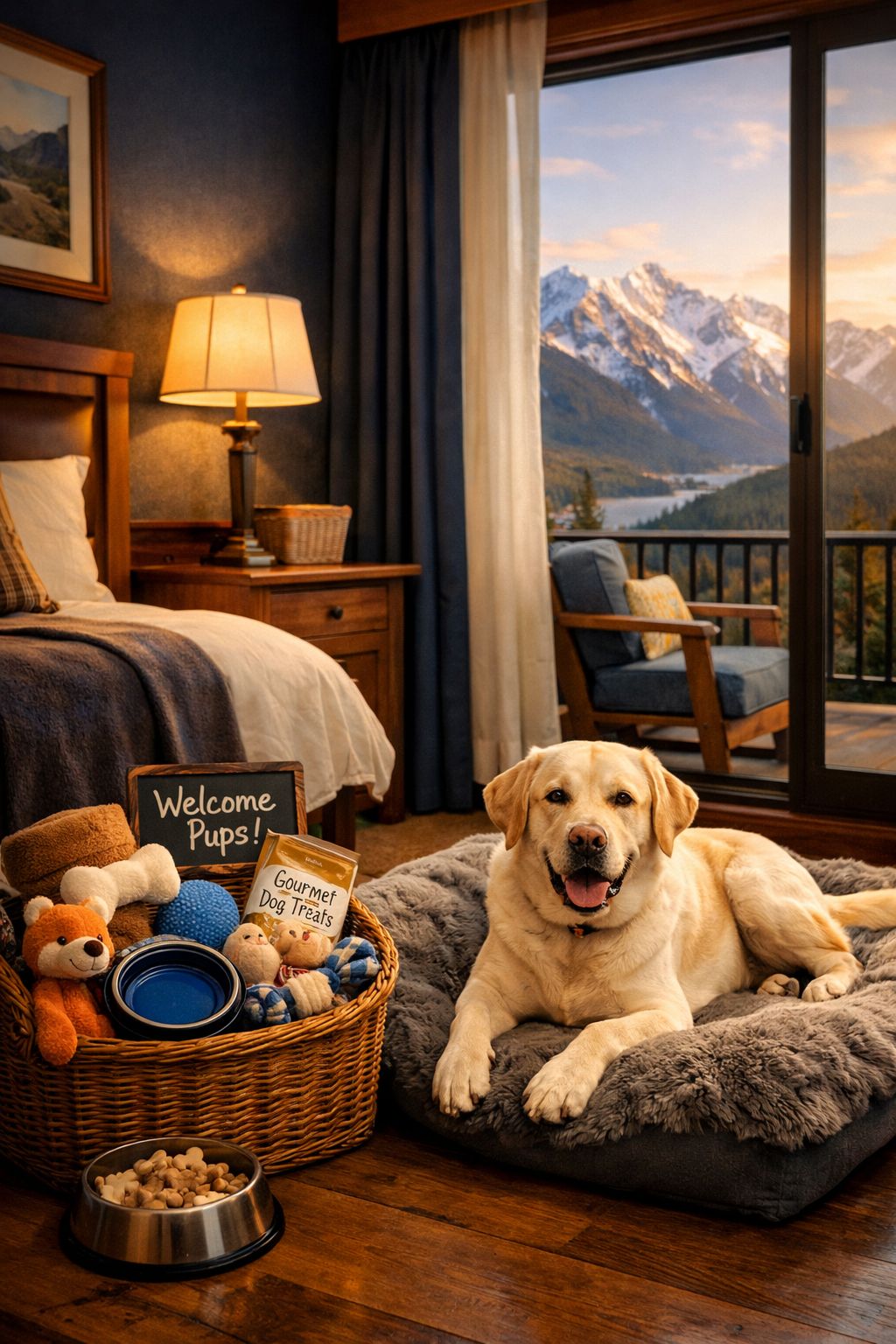 Portrait/Pinterest format () showing a cozy dog-friendly hotel room interior with a labrador retriever lounging on a plush
