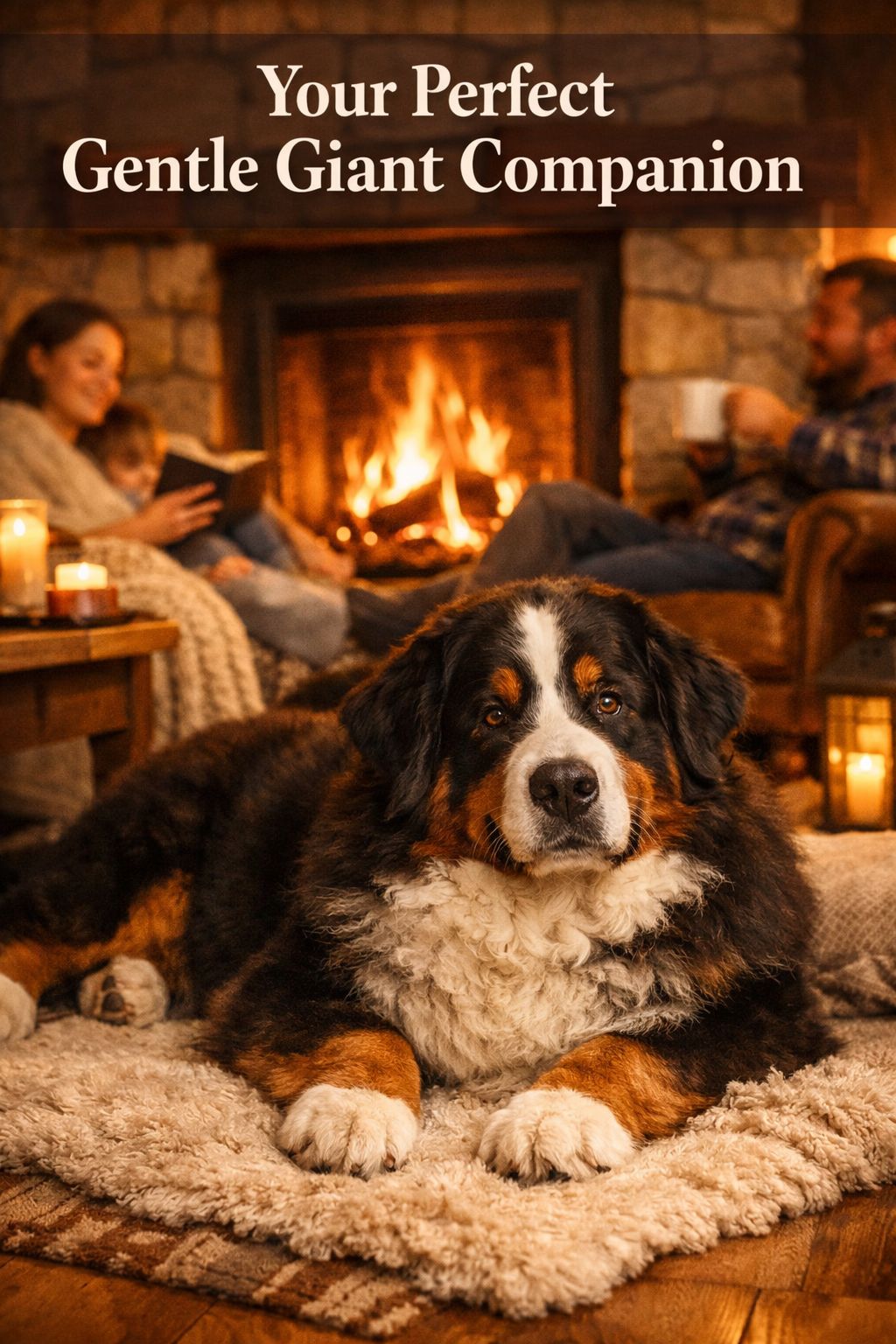 Portrait/Pinterest format () showing a cozy living room scene with a giant fluffy Bernese Mountain Dog lying on a soft rug