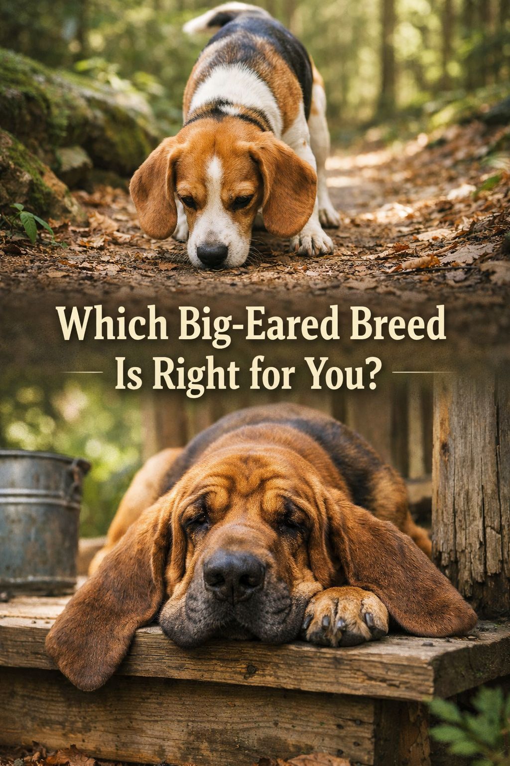 Portrait/Pinterest format () showing a split-scene composition: top half features a Beagle on a nature trail with ears
