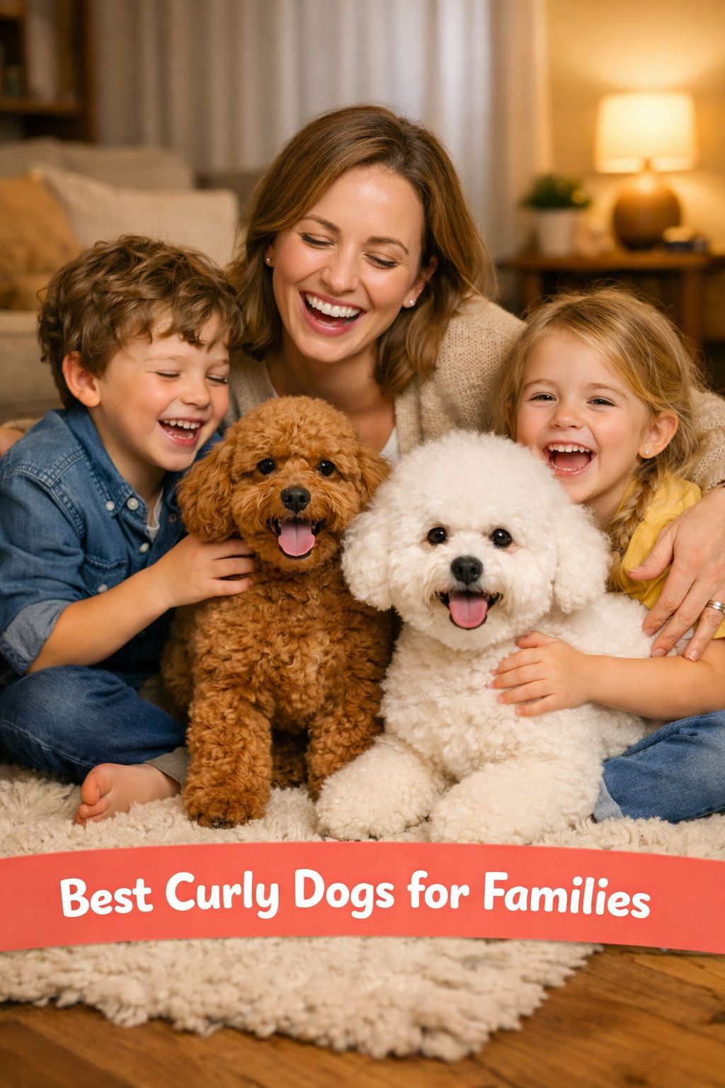 () lifestyle photography of a happy family — two children and one adult — sitting on a living room floor surrounded by a