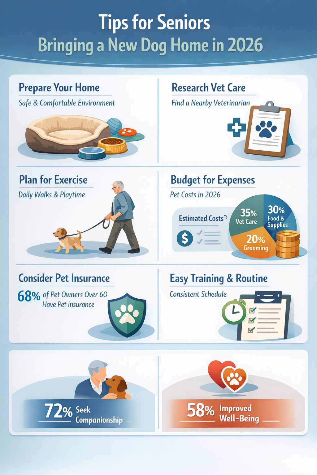 Professional infographic for article "10 Cute Dog Breeds That Are Perfect for Seniors", section: "Tips for Seniors Bringing