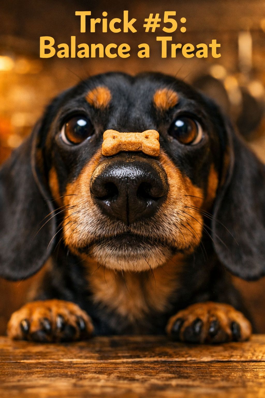 Portrait/Pinterest format () sweet editorial close-up of a Dachshund balancing a small dog treat on its nose, eyes crossed