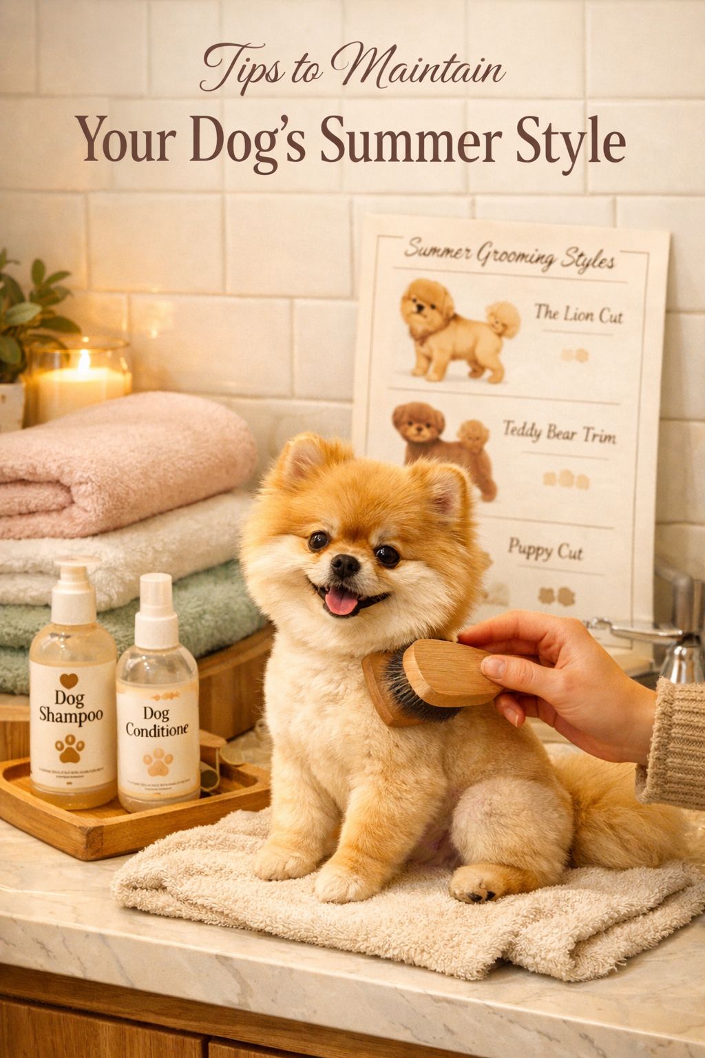 Portrait/Pinterest format () cozy home grooming setup showing a dog owner gently brushing a small Pomeranian with a freshly
