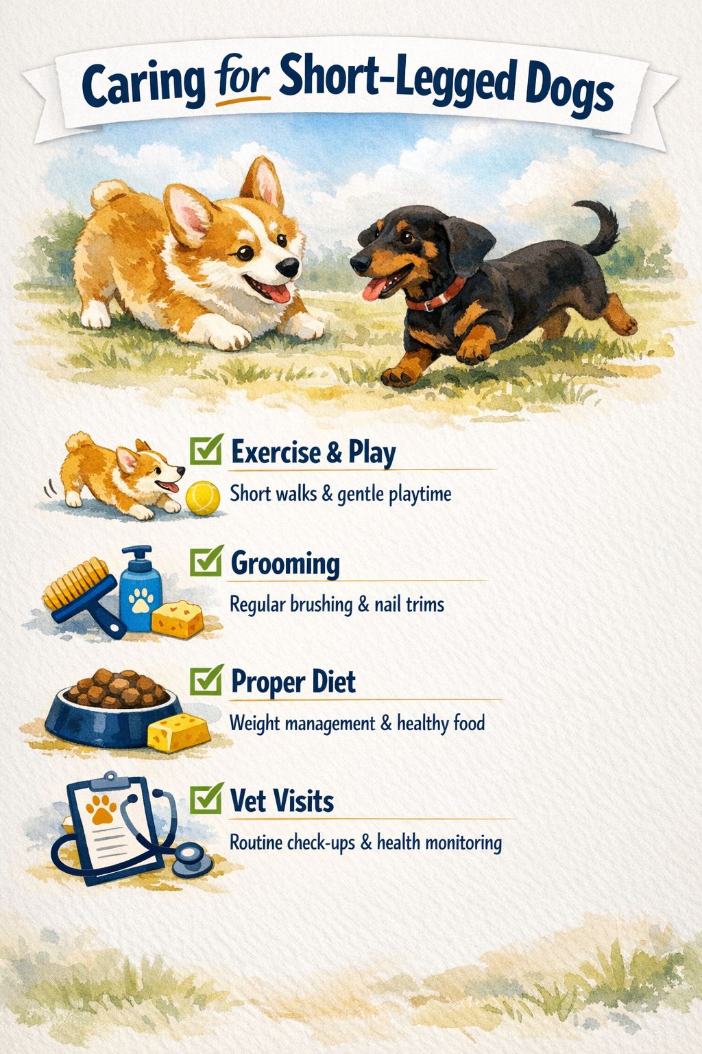 Portrait/Pinterest format () editorial infographic-style image with header text 'Caring for Short-Legged Dogs' featuring