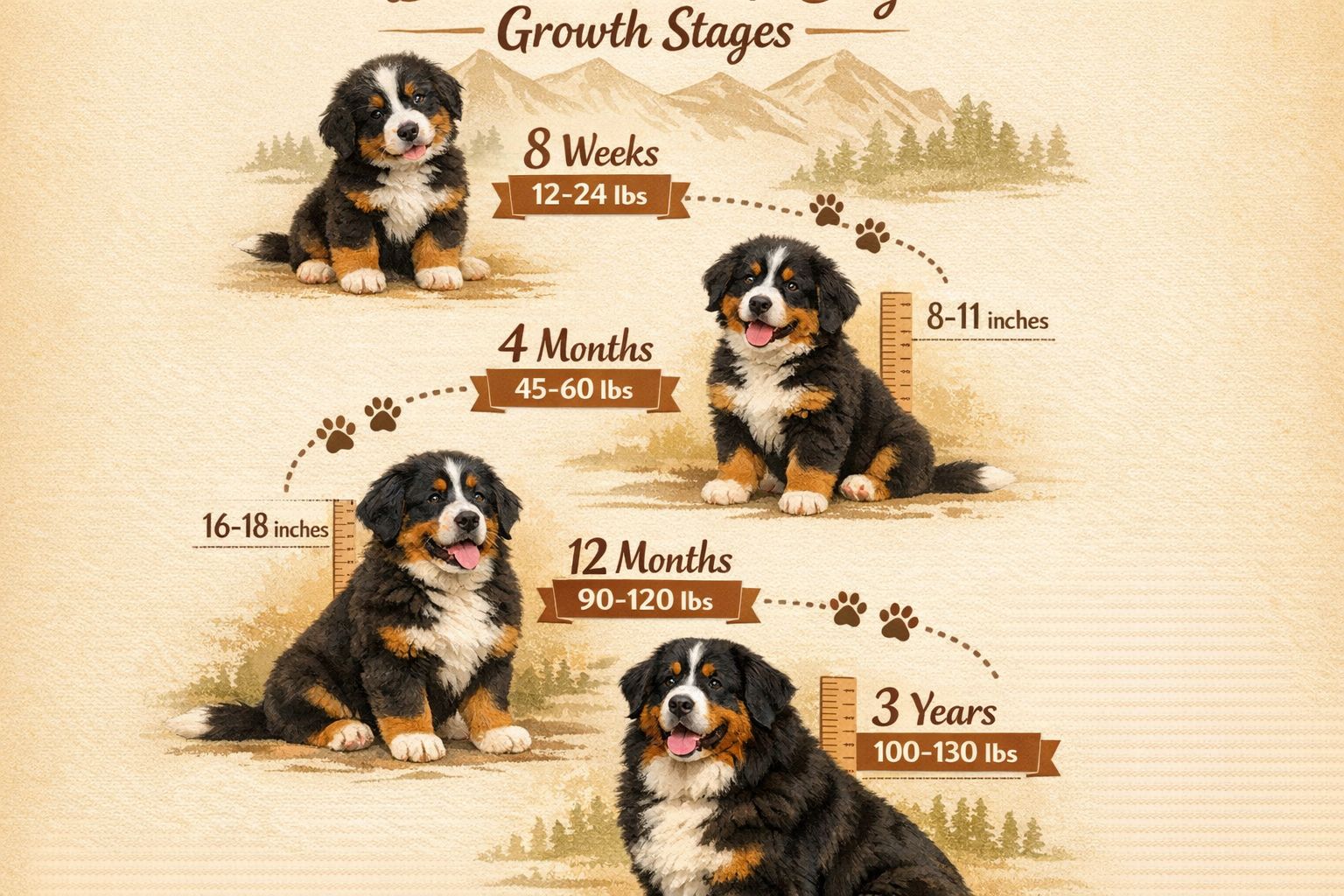 Detailed portrait/Pinterest format (1024x1536) infographic showing Bernese Mountain Dog growth progression from 8 weeks to 3 years old. Visu