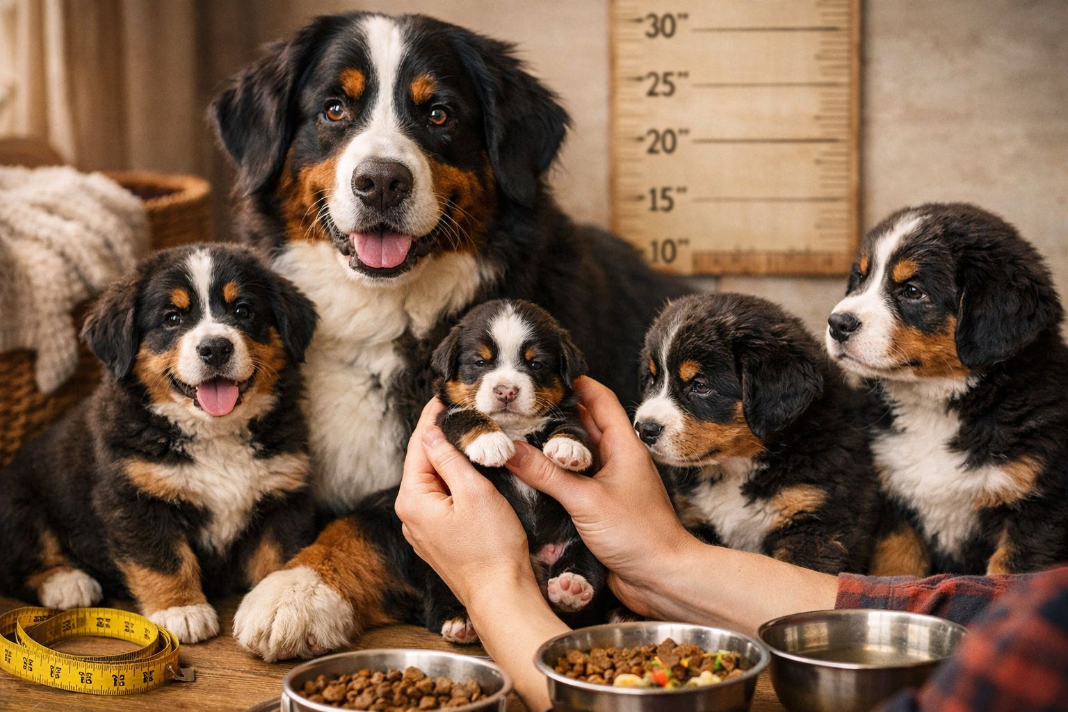 Detailed portrait/Pinterest format (1024x1536) lifestyle image of Bernese Mountain Dog family - mother dog with several puppies of different