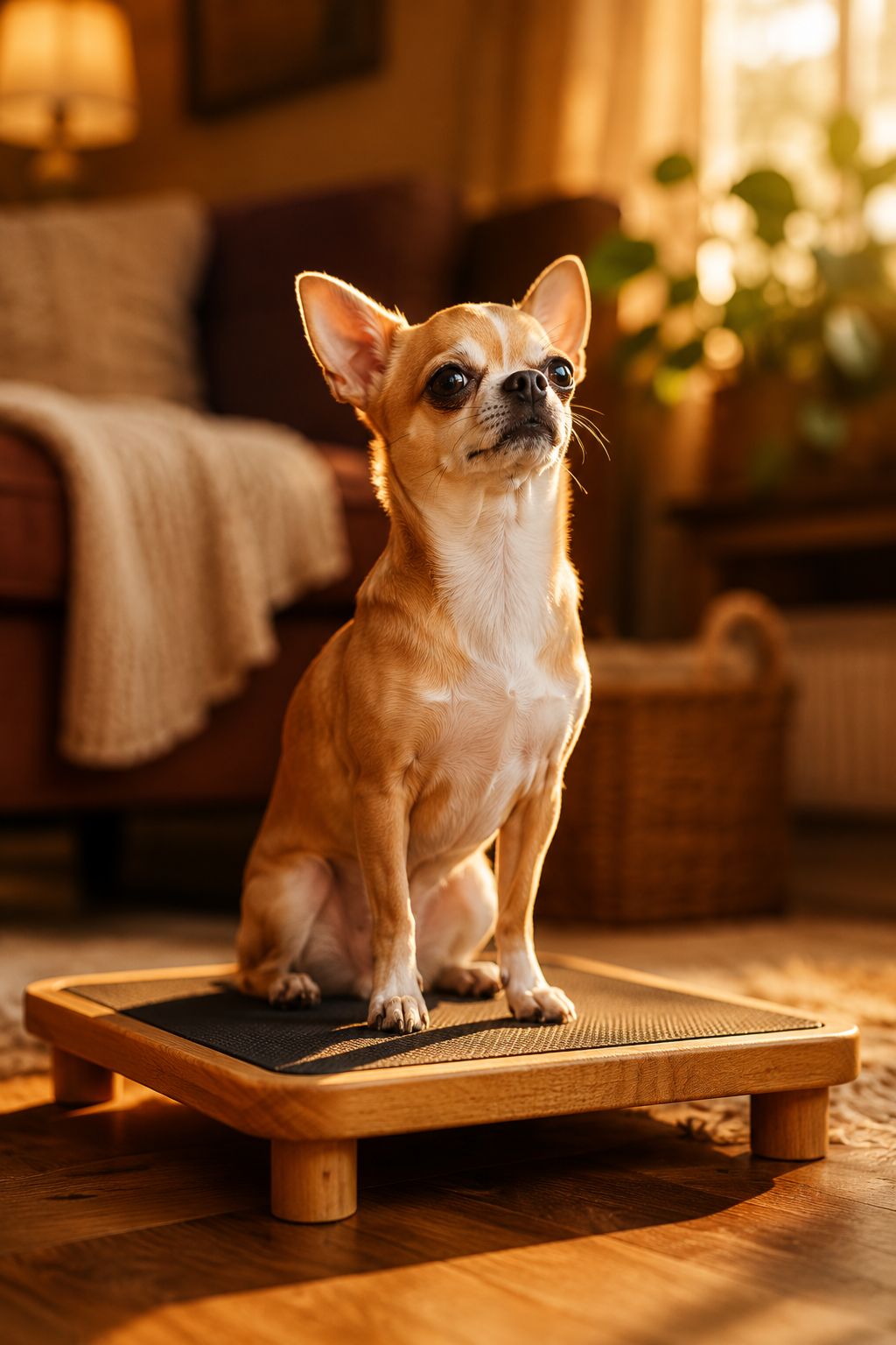 Professional portrait/Pinterest format () hero image featuring an adorable tan and white Chihuahua sitting upright on a