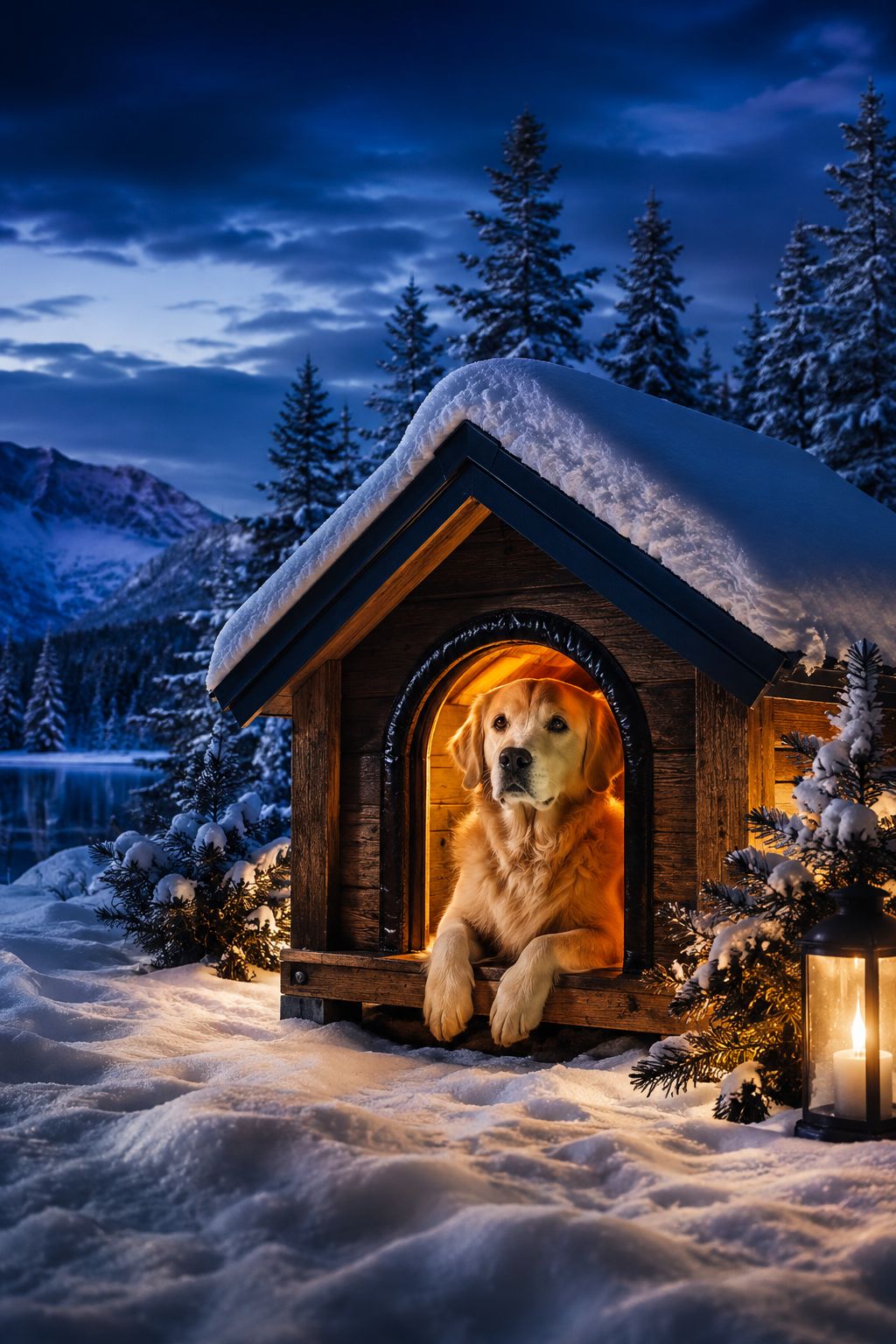 Professional portrait/Pinterest format () hero image showing a cozy wooden dog house covered in light snow, surrounded by a