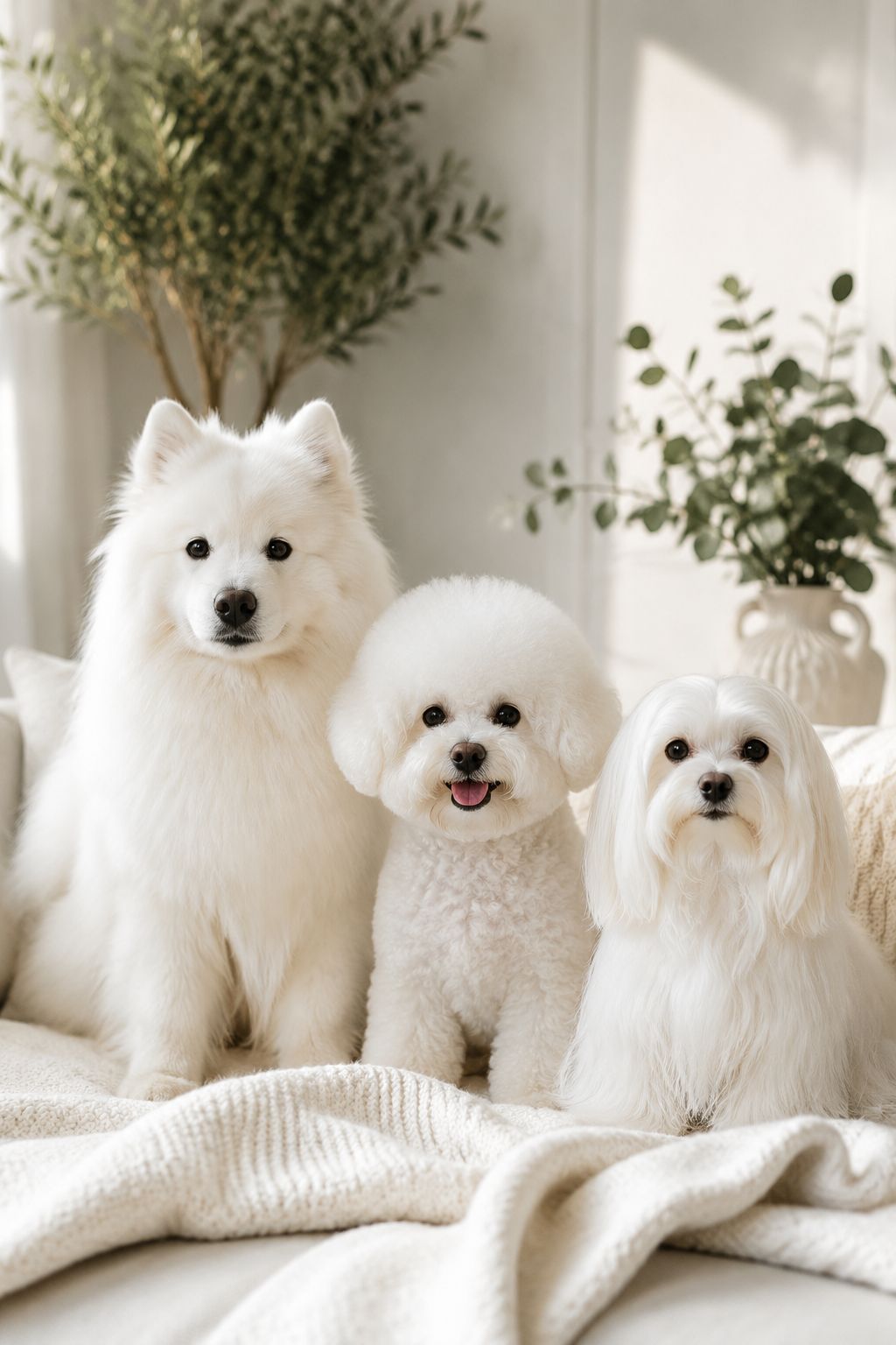 Professional portrait/Pinterest format () hero image featuring three fluffy white dogs of different breeds sitting together